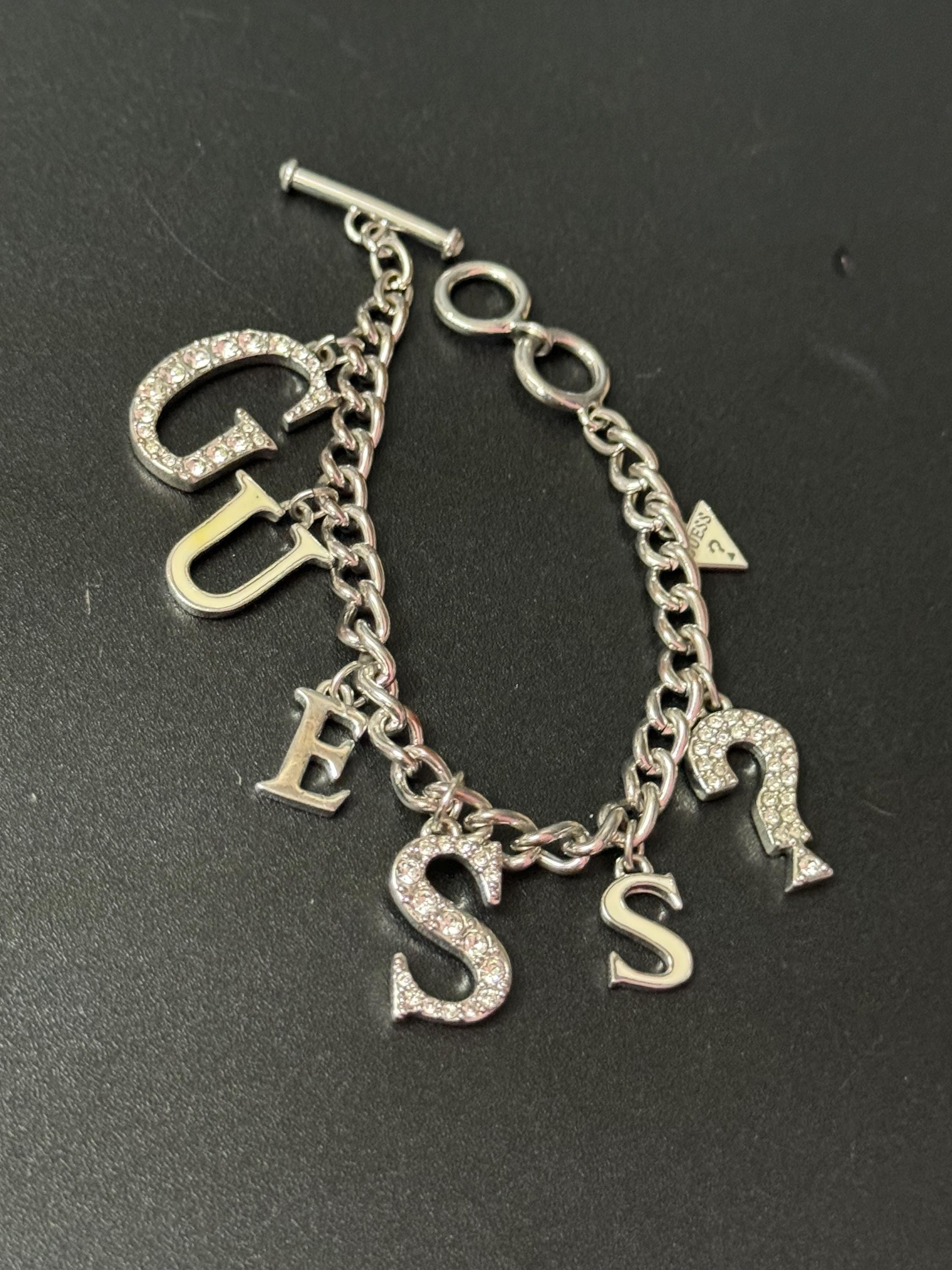 Signed guess Retro silver tone chain link chunky charm bracelet with diamanté crystals