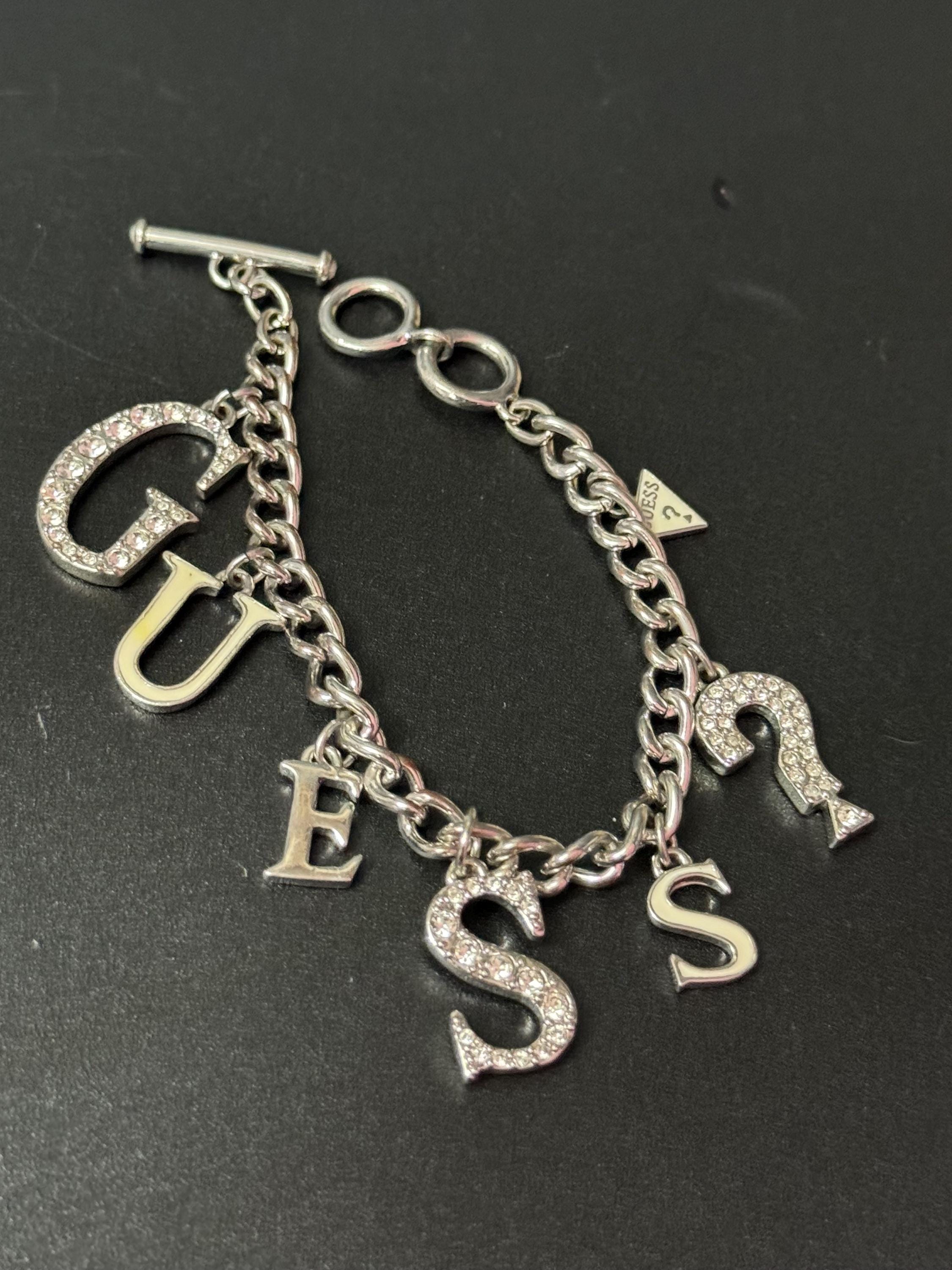 Signed guess Retro silver tone chain link chunky charm bracelet with diamanté crystals