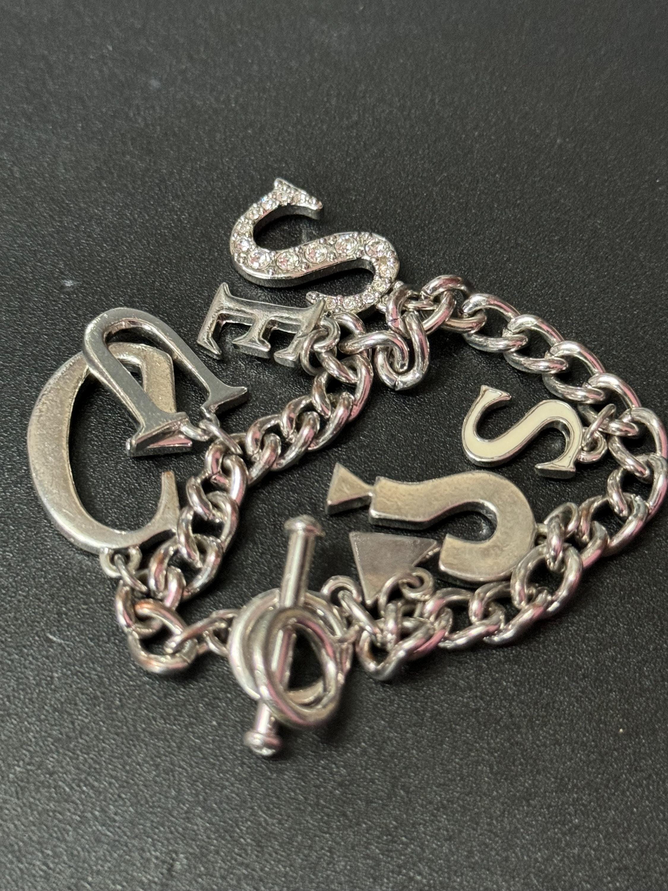 Signed guess Retro silver tone chain link chunky charm bracelet with diamanté crystals