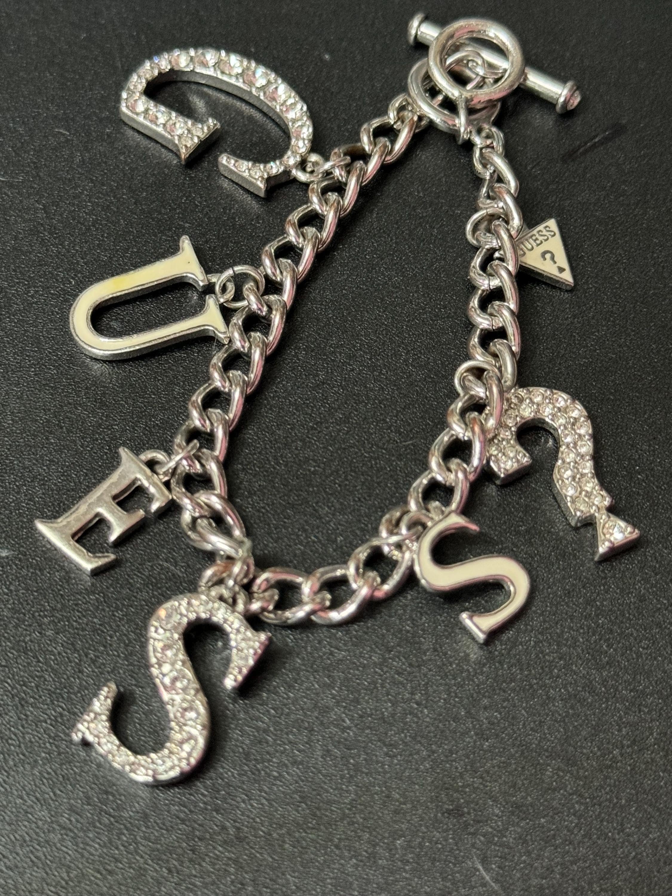 Signed guess Retro silver tone chain link chunky charm bracelet with diamanté crystals