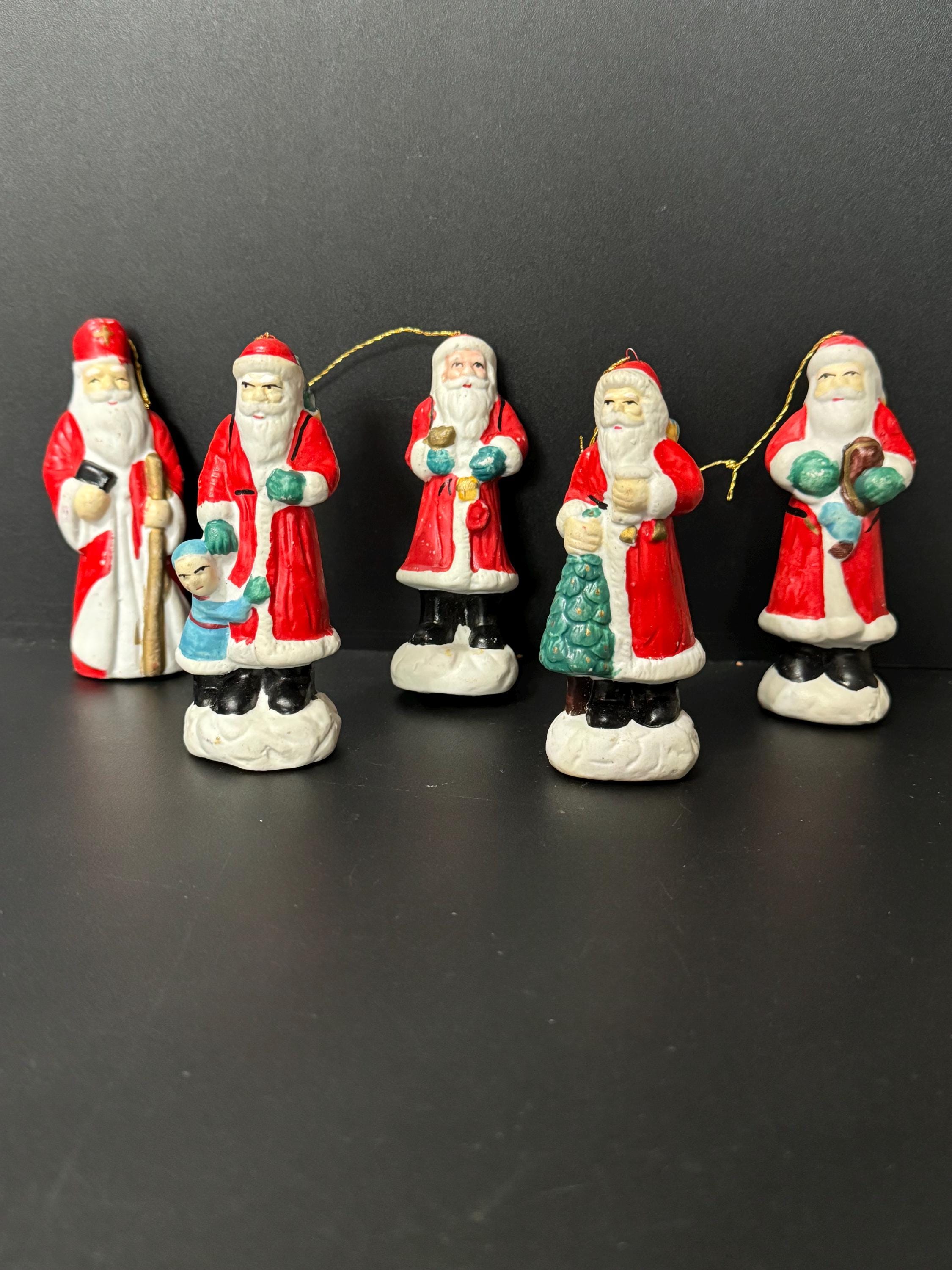 set of 5 ceramic Santa Claus tree ornaments l 11cm tall Father Christmas baubles
