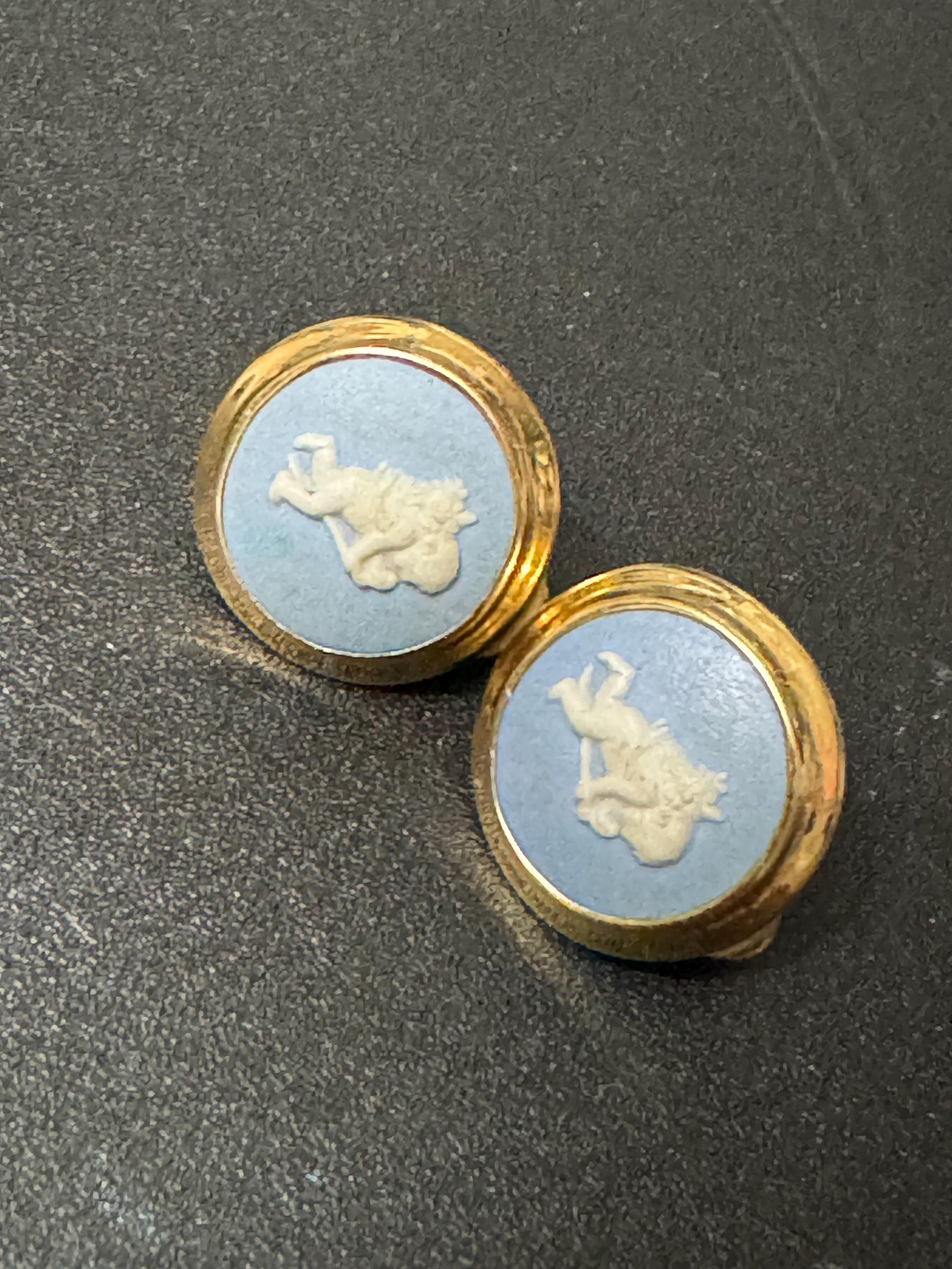Signed Wedgwood blue ceramic small round clip on stud cherub earrings, designer