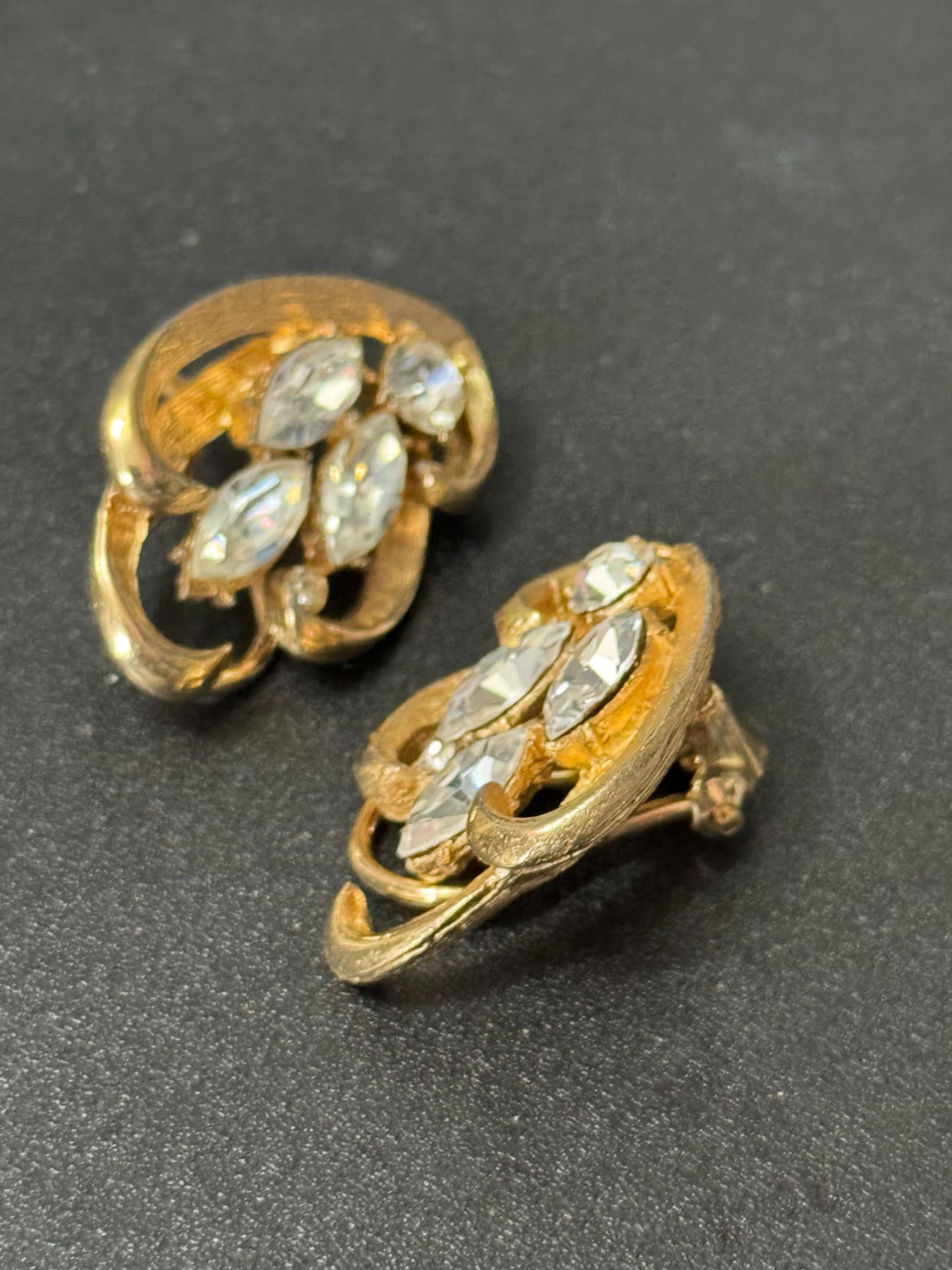 Signed BSK vintage Clear Diamanté gold tone navette crystal Clip On Earrings high end