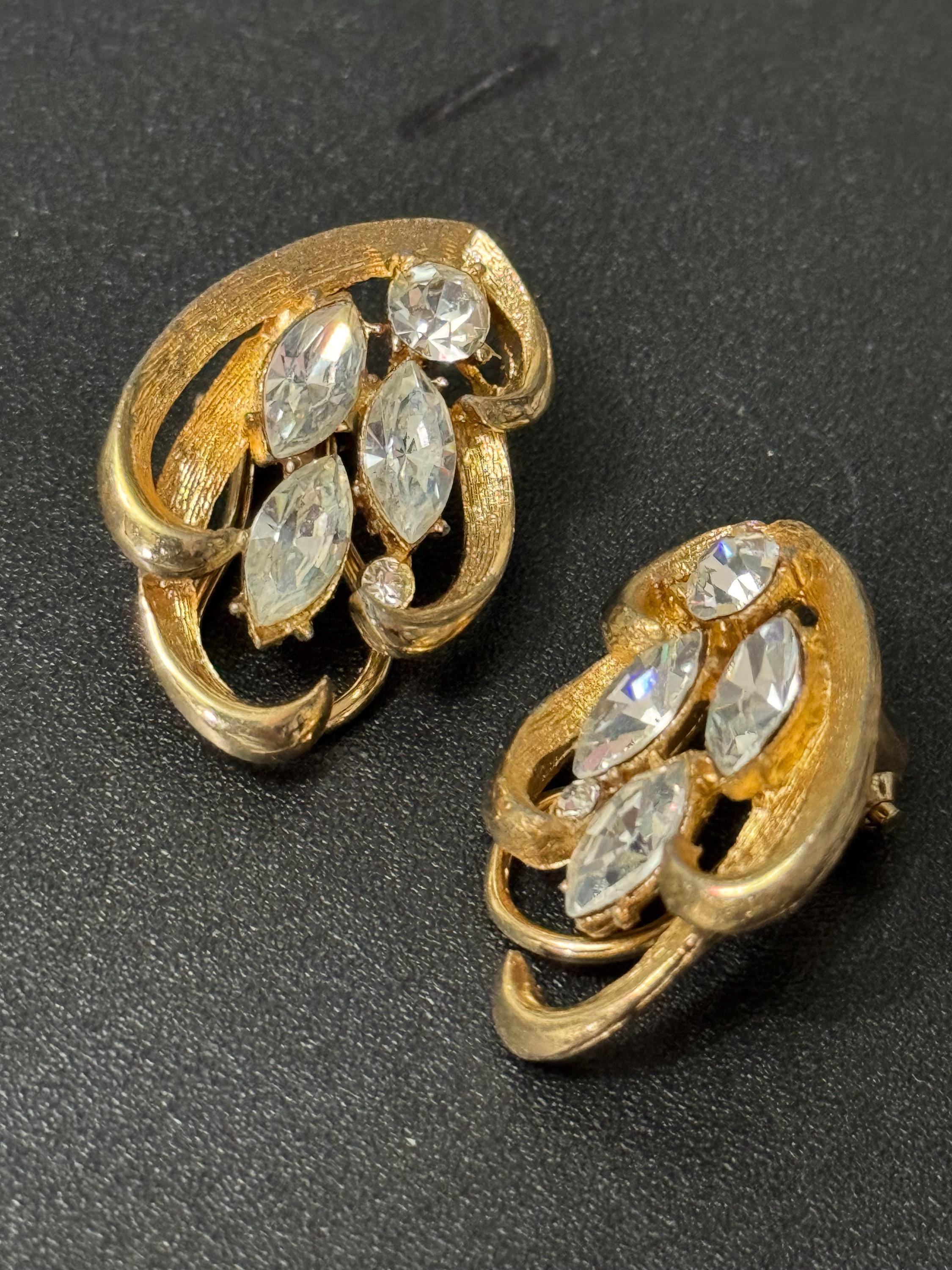 Signed BSK vintage Clear Diamanté gold tone navette crystal Clip On Earrings high end