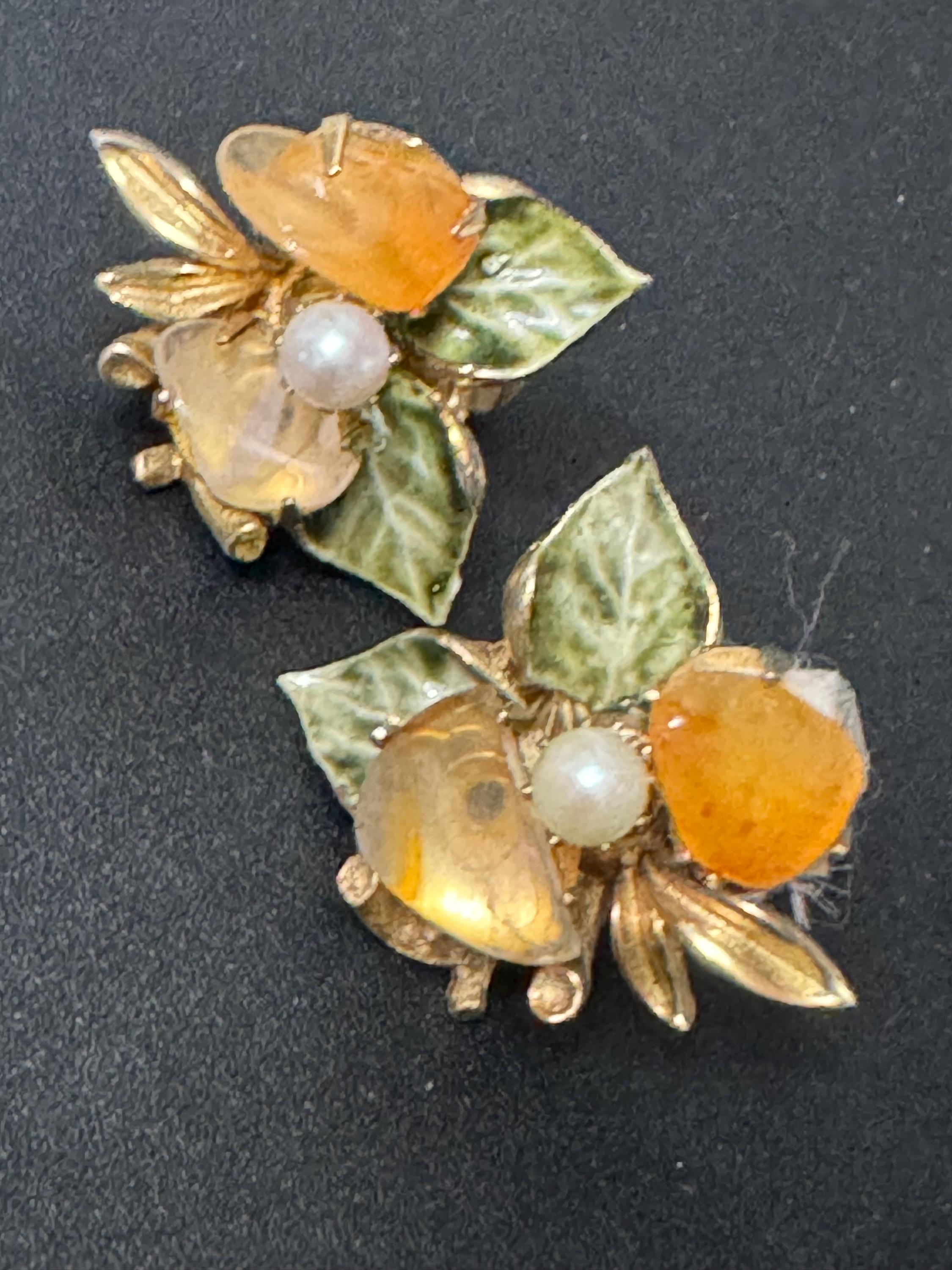 Vintage and signed francos clip on earrings green enamel floral set with gemstones