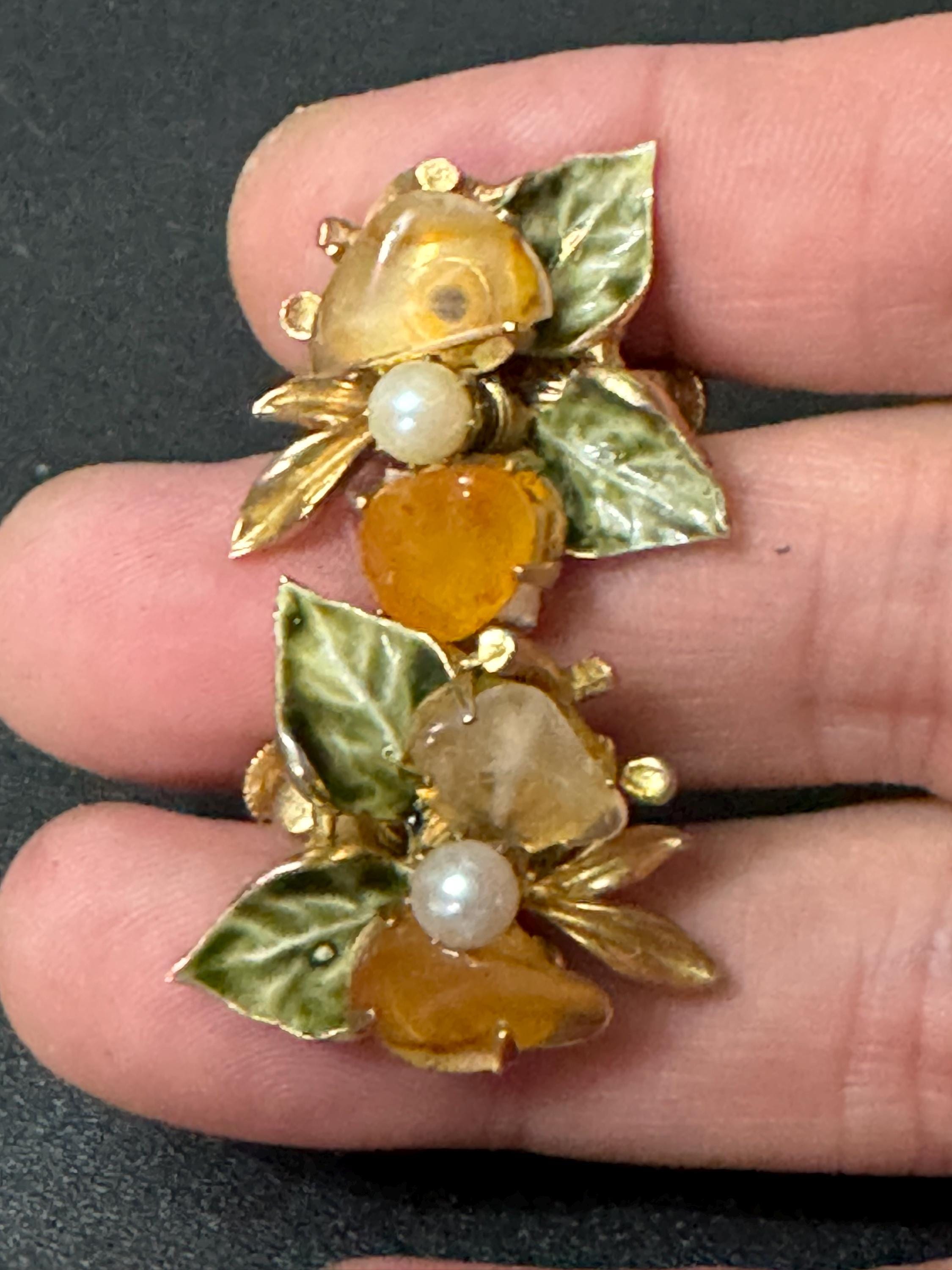 Vintage and signed francos clip on earrings green enamel floral set with gemstones