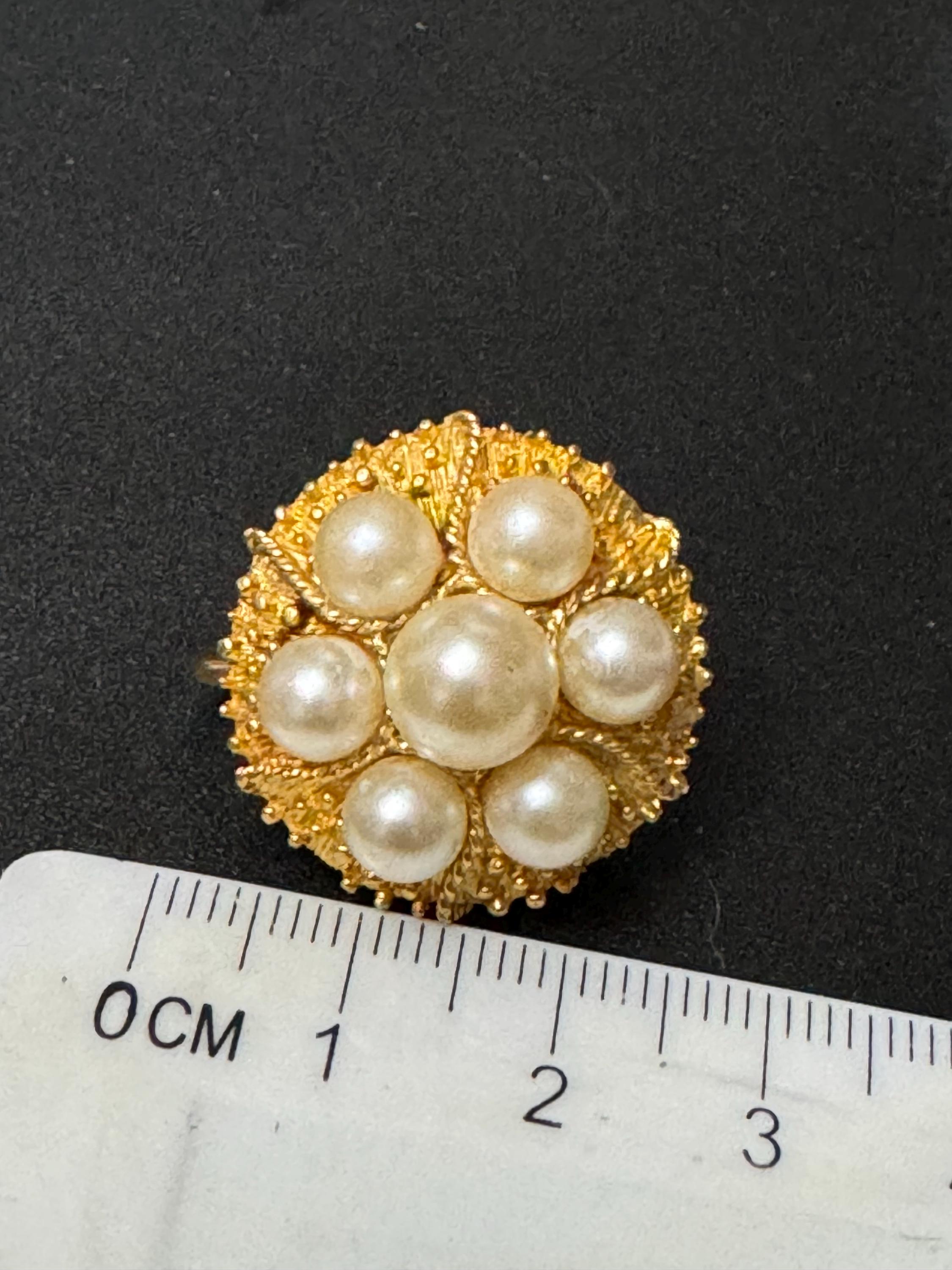 Signed high end vintage faux cream pearl gold tone round clip on Stud earrings