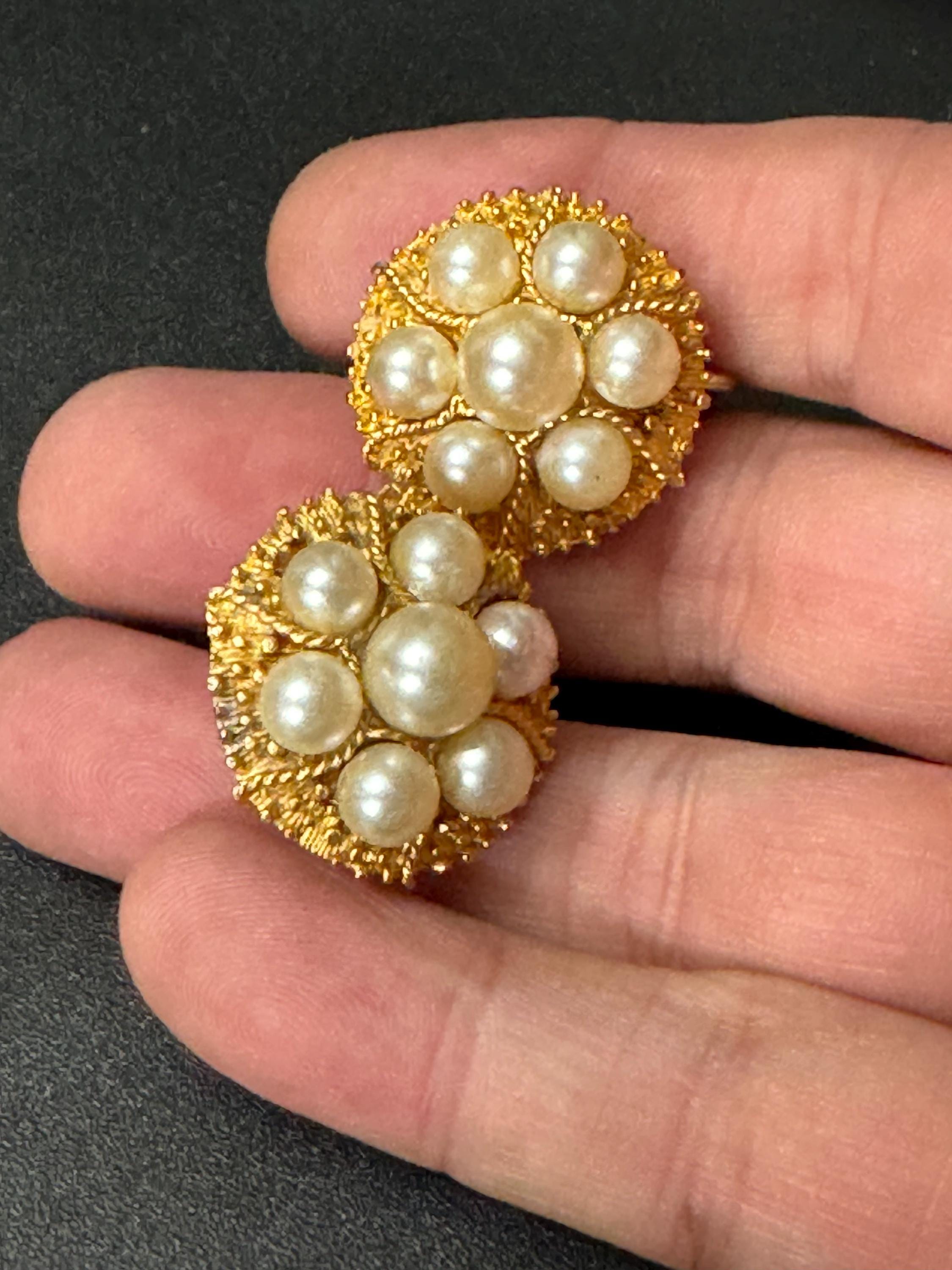 Signed high end vintage faux cream pearl gold tone round clip on Stud earrings