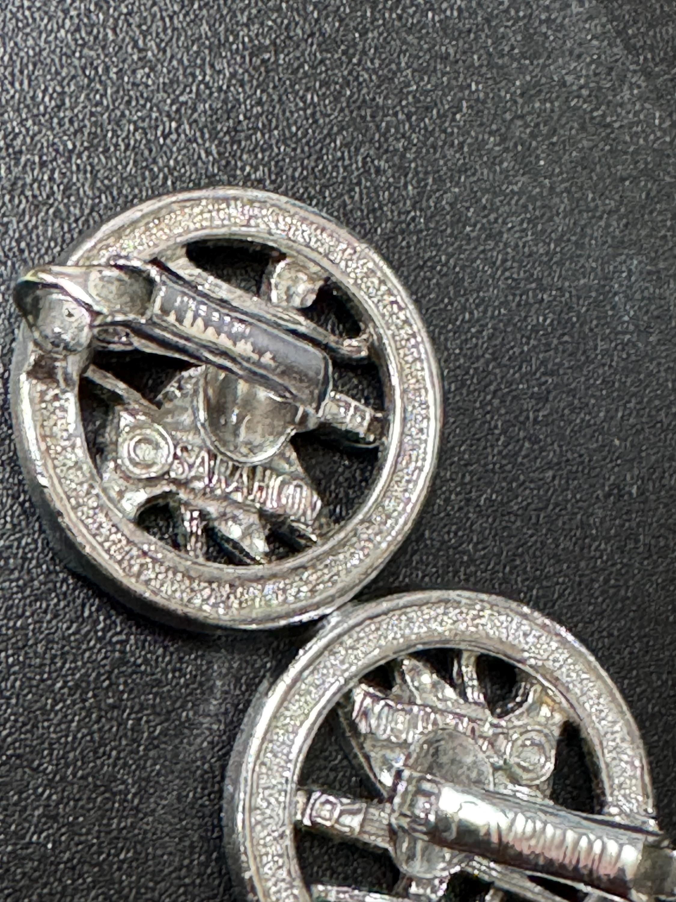 Signed SARAH COV signed Silver tone ducks geese in flight Clip on stud earrings 1960s