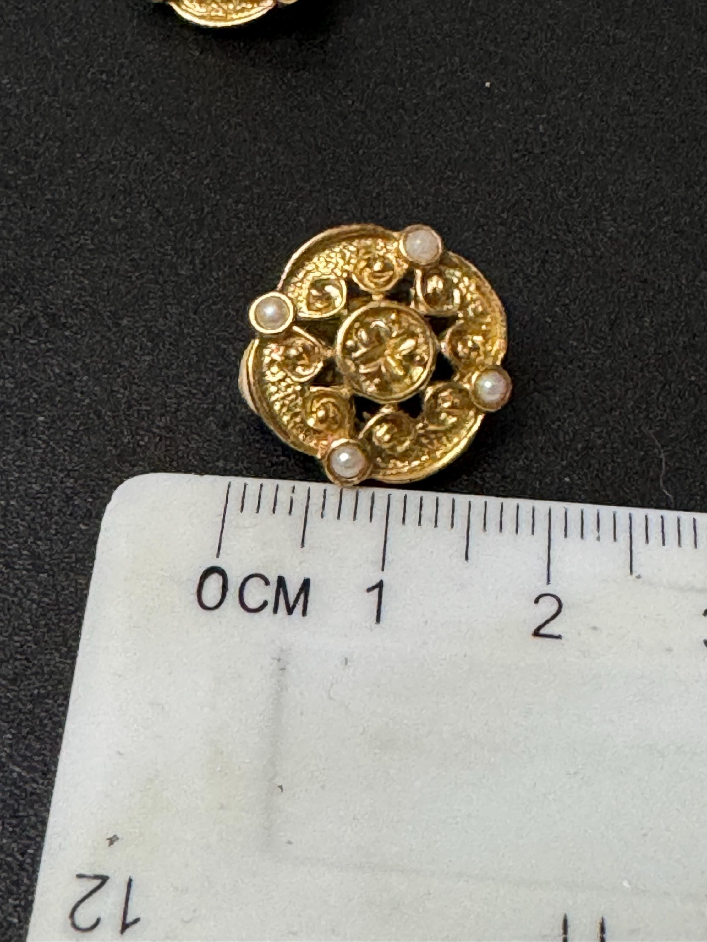 signed PT vintage gold tone seed pearl small Etruscan disc clip on stud earrings