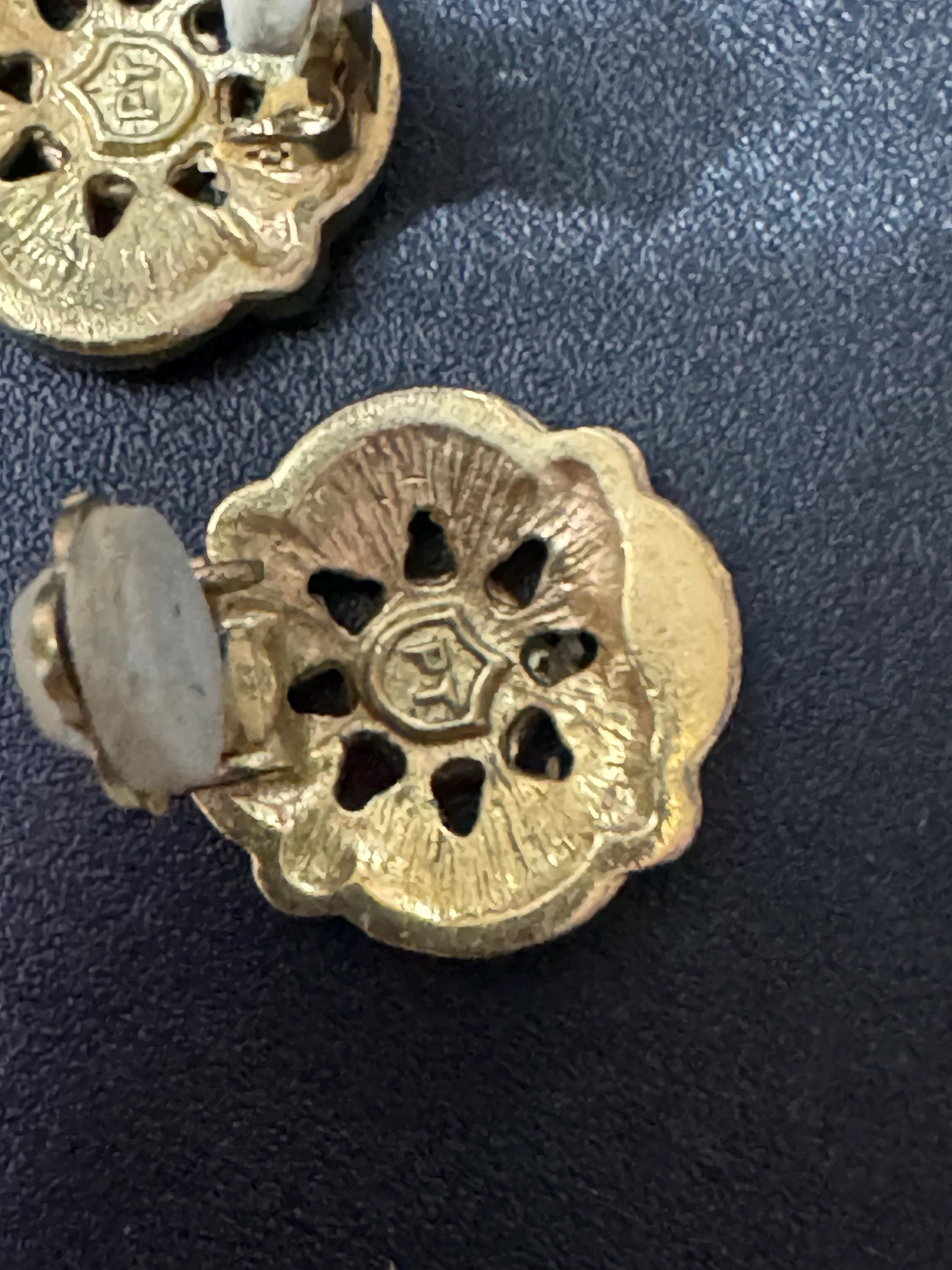 signed PT vintage gold tone seed pearl small Etruscan disc clip on stud earrings