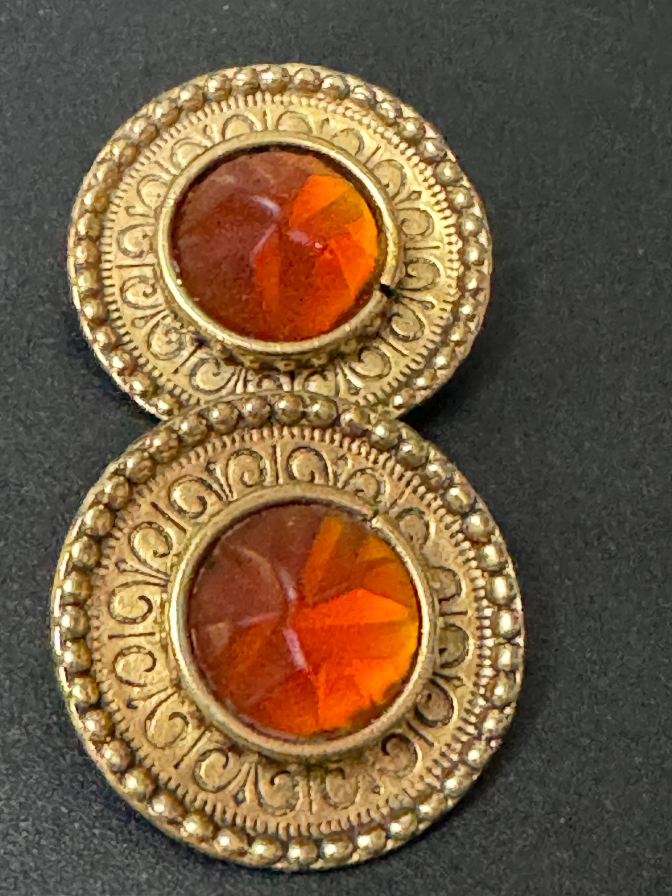 Vintage Zoe Coste Earrings: Gold Tone Etruscan Cabochon Discs