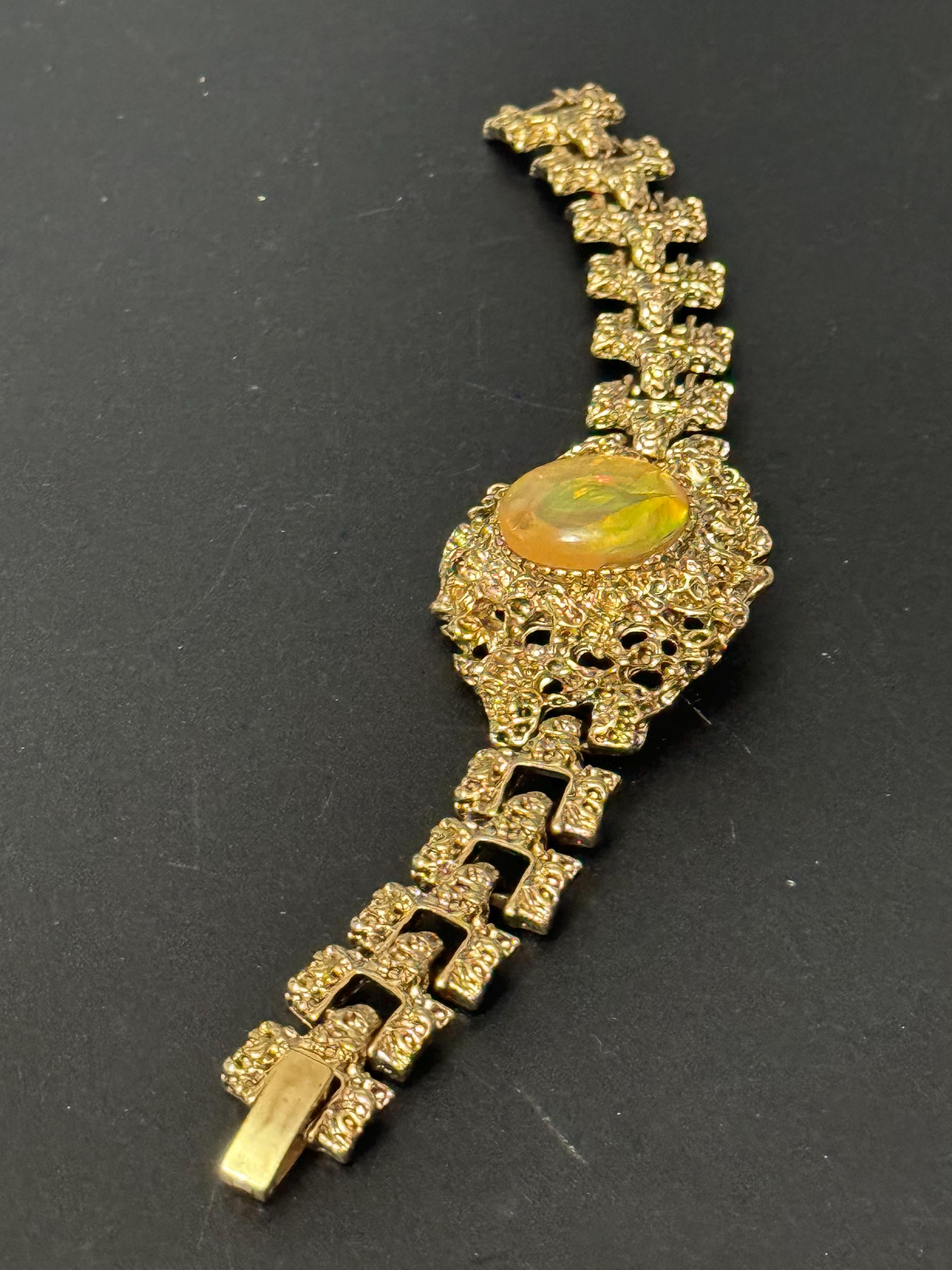 Brutalist gold tone oval orange green Rainbow cabochon textured bracelet 1970s modernist