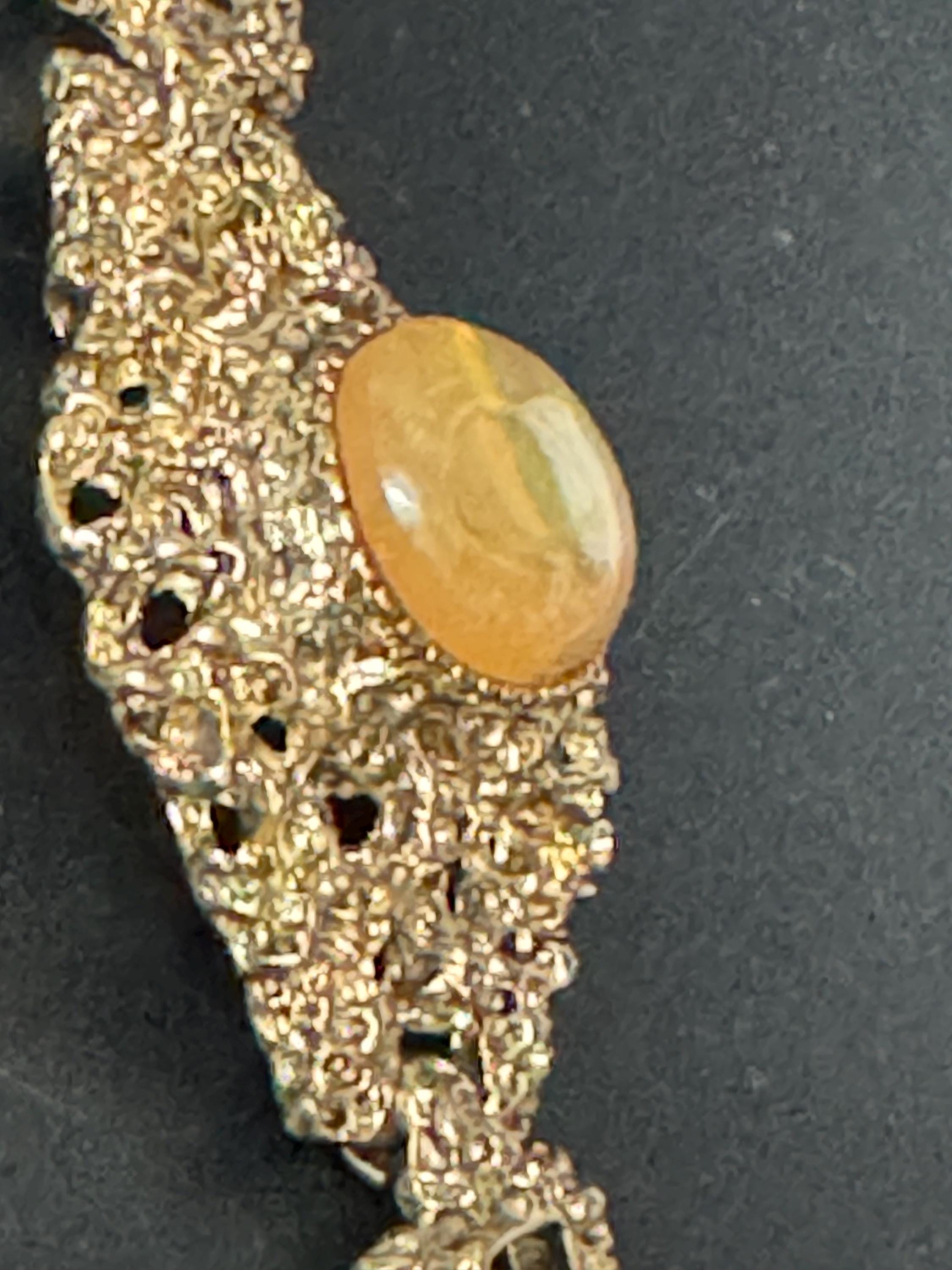 Brutalist gold tone oval orange green Rainbow cabochon textured bracelet 1970s modernist