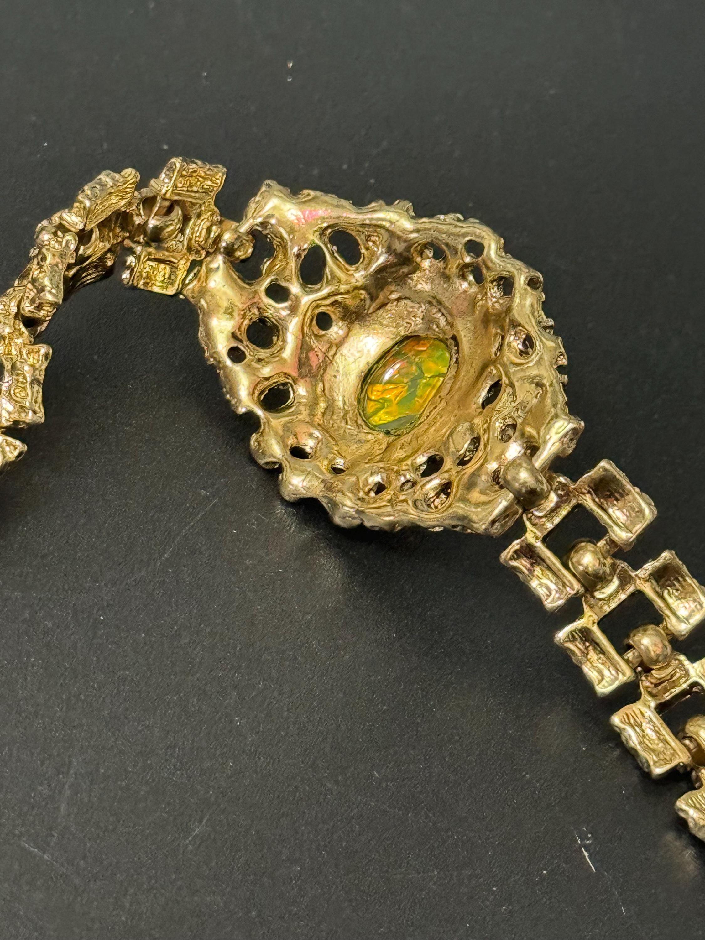 Brutalist gold tone oval orange green Rainbow cabochon textured bracelet 1970s modernist