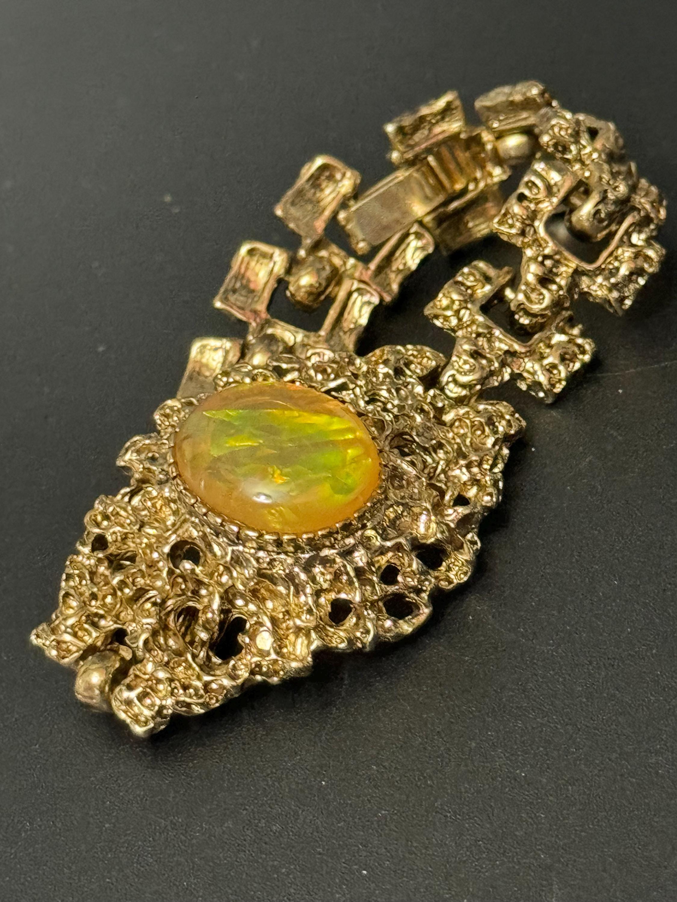 Brutalist gold tone oval orange green Rainbow cabochon textured bracelet 1970s modernist