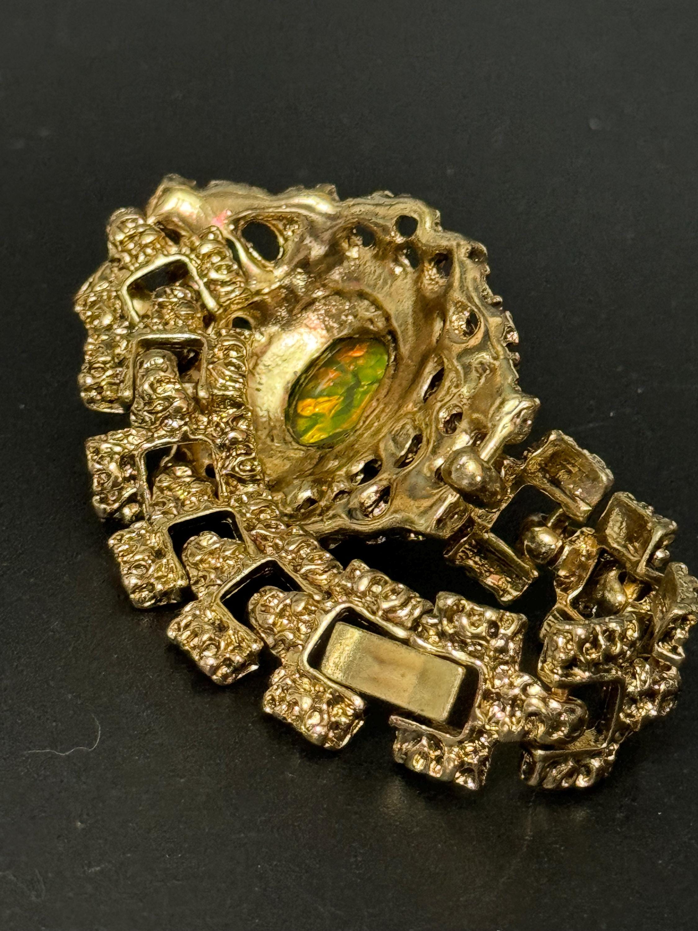Brutalist gold tone oval orange green Rainbow cabochon textured bracelet 1970s modernist
