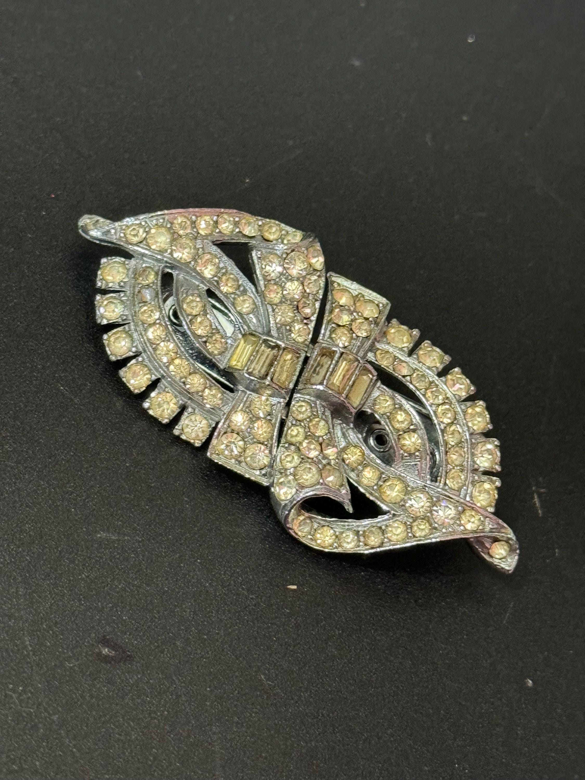 Duette pair of Dress Clips Combination Brooch Marcasite Silver chrome metal Art Deco