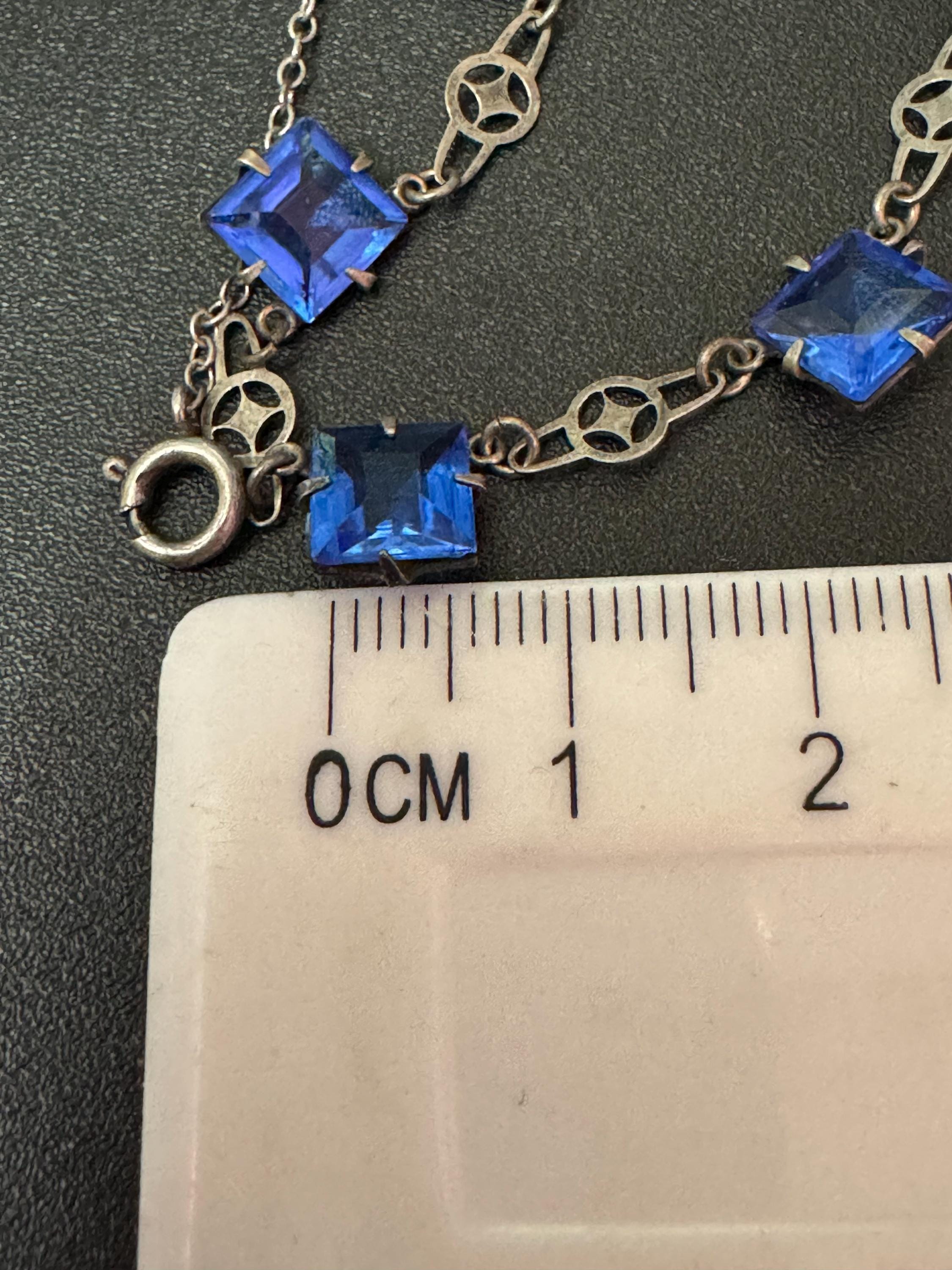 Vintage art deco sapphire blue square open back crystal silver tone necklace