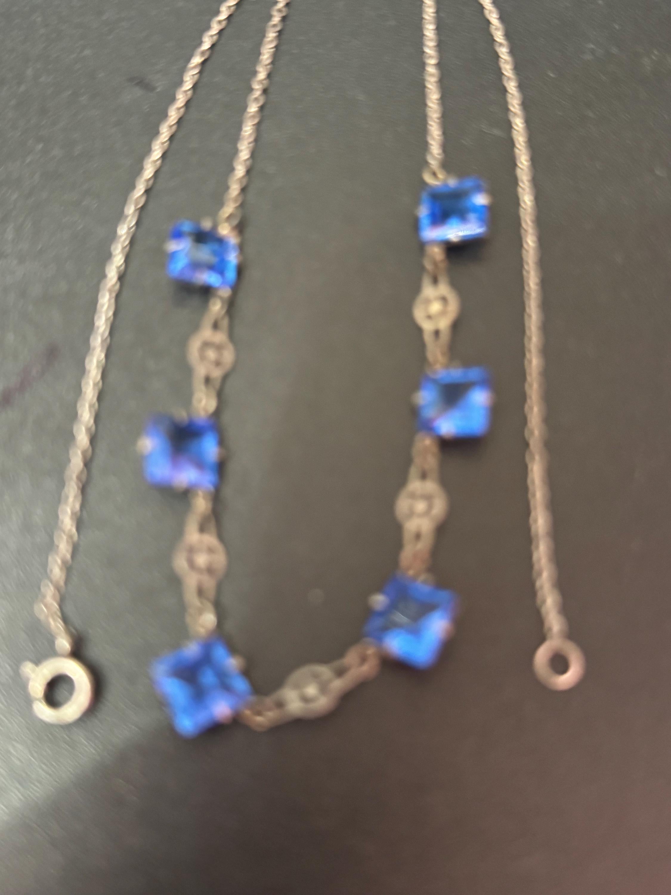 Vintage art deco sapphire blue square open back crystal silver tone necklace