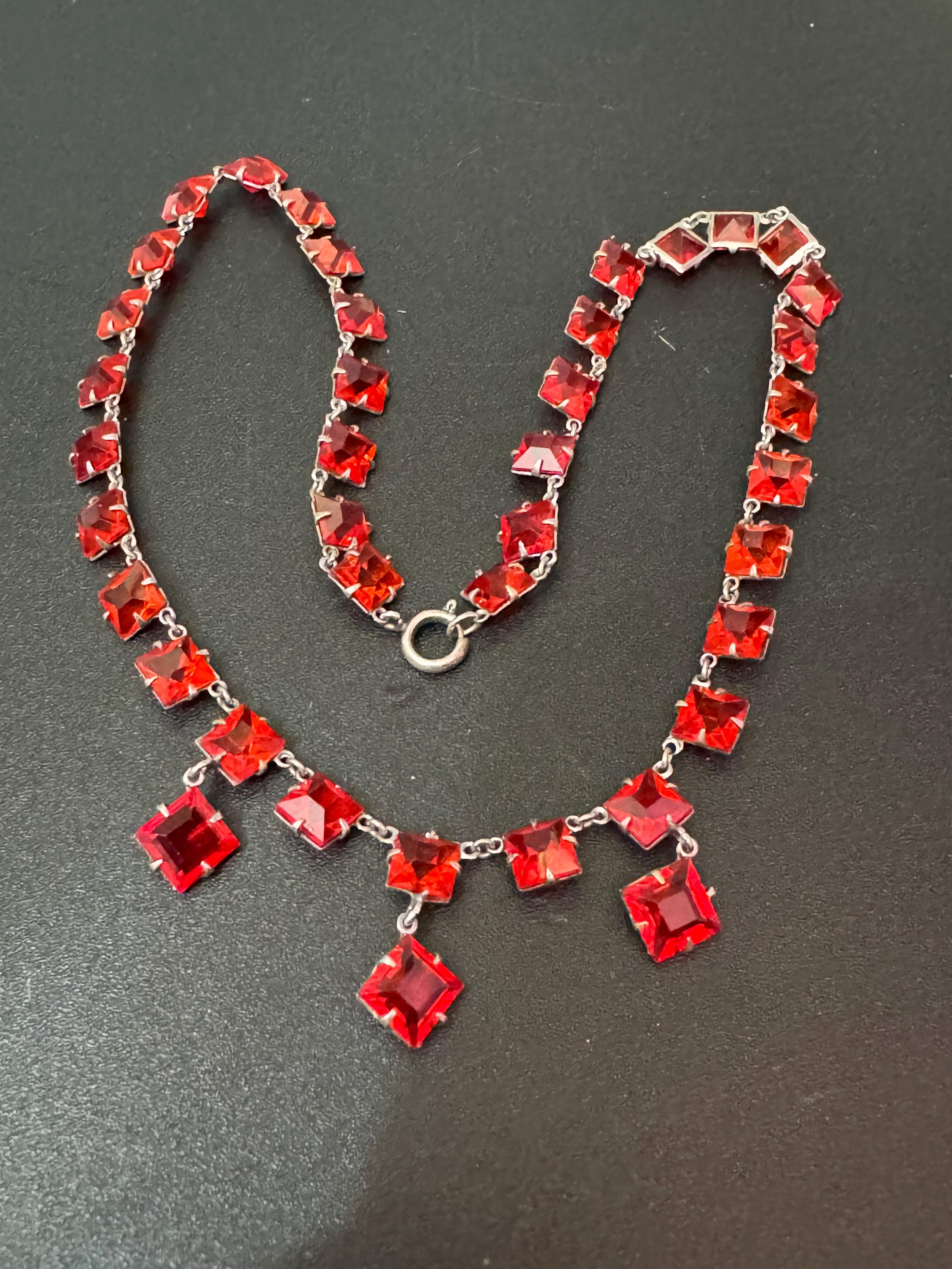 Petite 40cmArt Deco Czech ruby Red square Open Back crystal Necklace Vintage Antique period 1920s