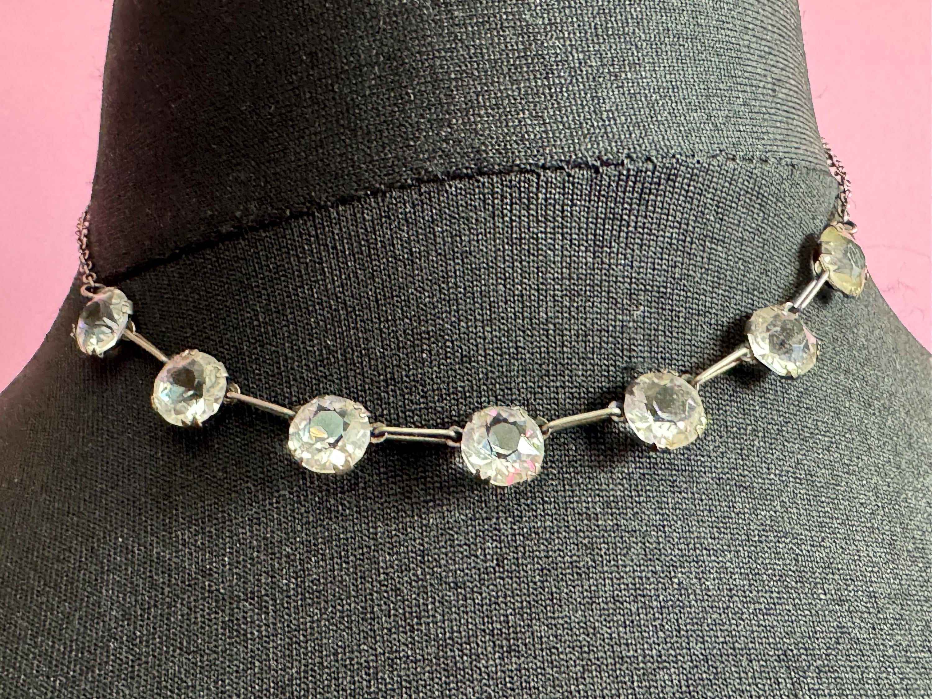 Sterling silver 925 Antique Art Deco czech open back clear crystal glass necklace 1920s 40cm
