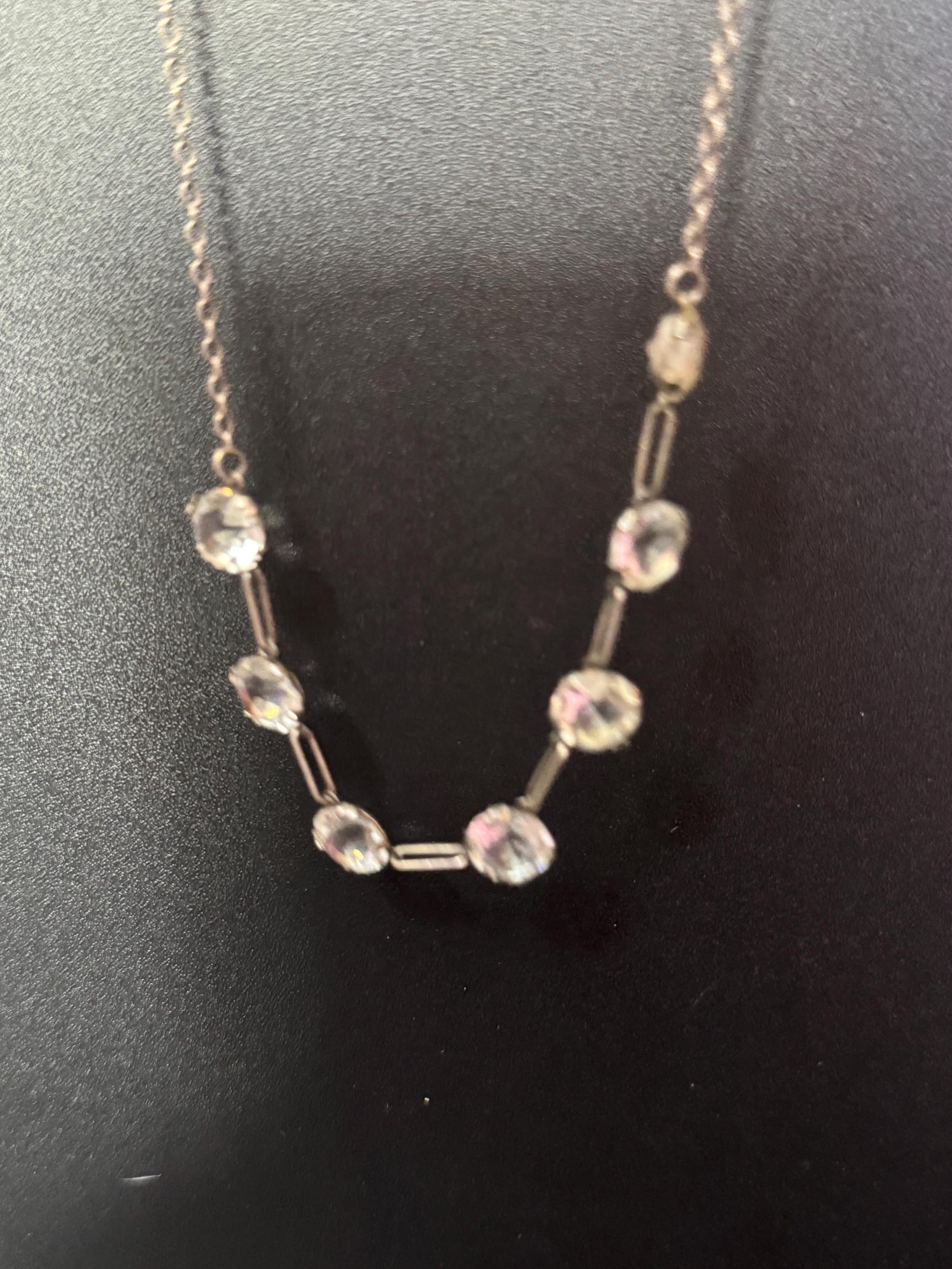 Sterling silver 925 Antique Art Deco czech open back clear crystal glass necklace 1920s 40cm
