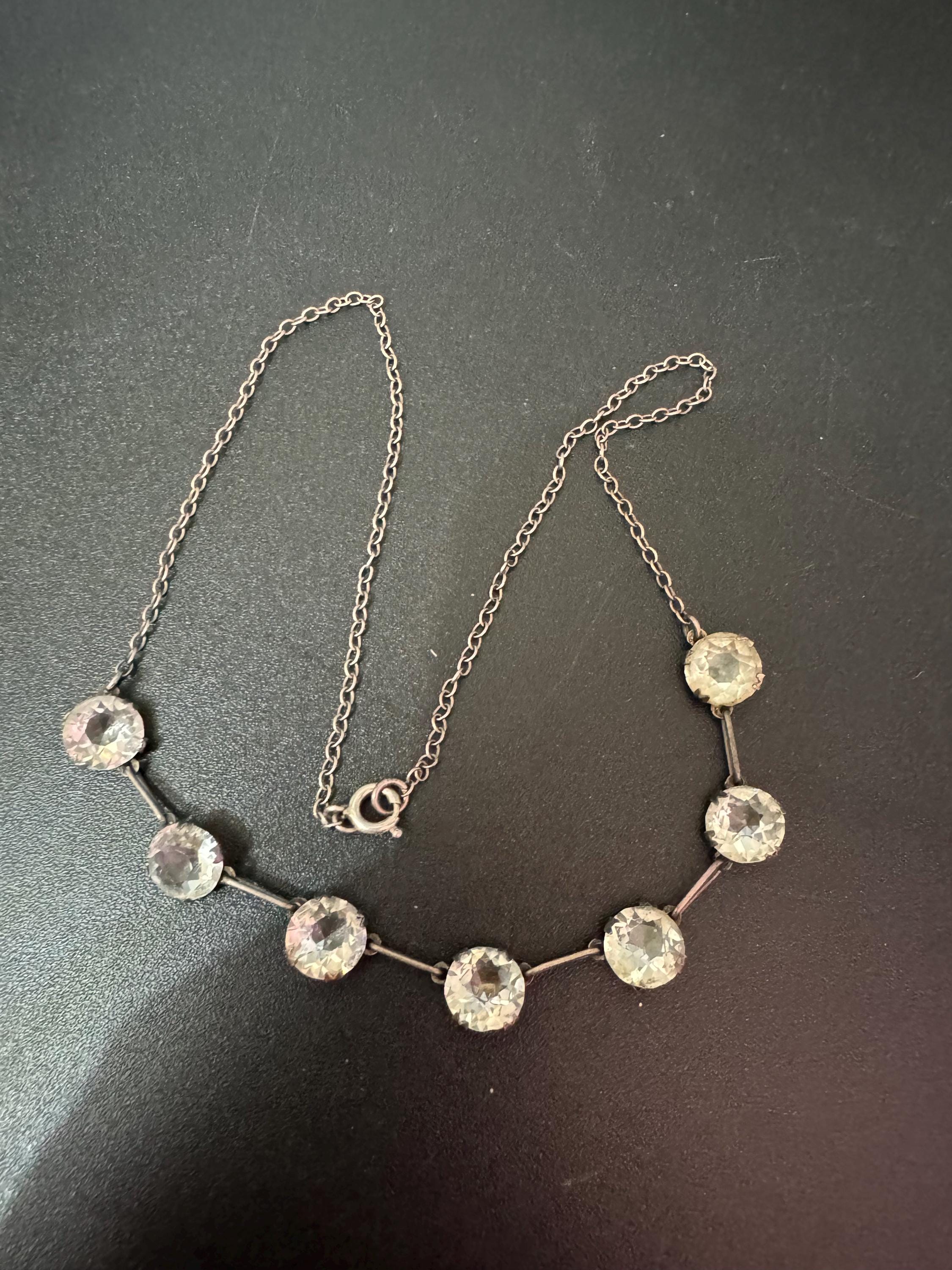 Sterling silver 925 Antique Art Deco czech open back clear crystal glass necklace 1920s 40cm