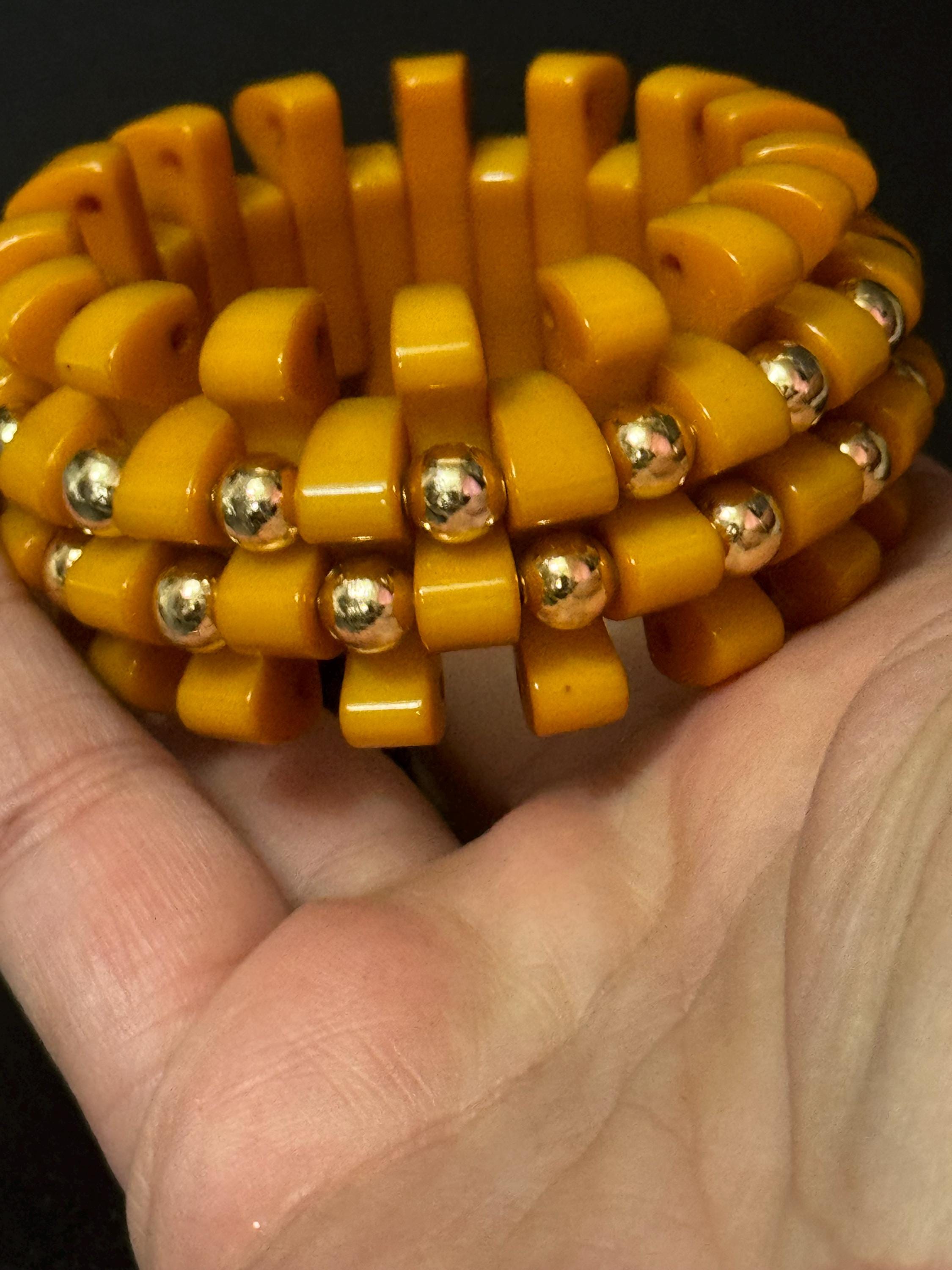 Art Deco Early Plastic Yellow bakelite wide stretch cuff bangle bracelet with gold beads Vintage