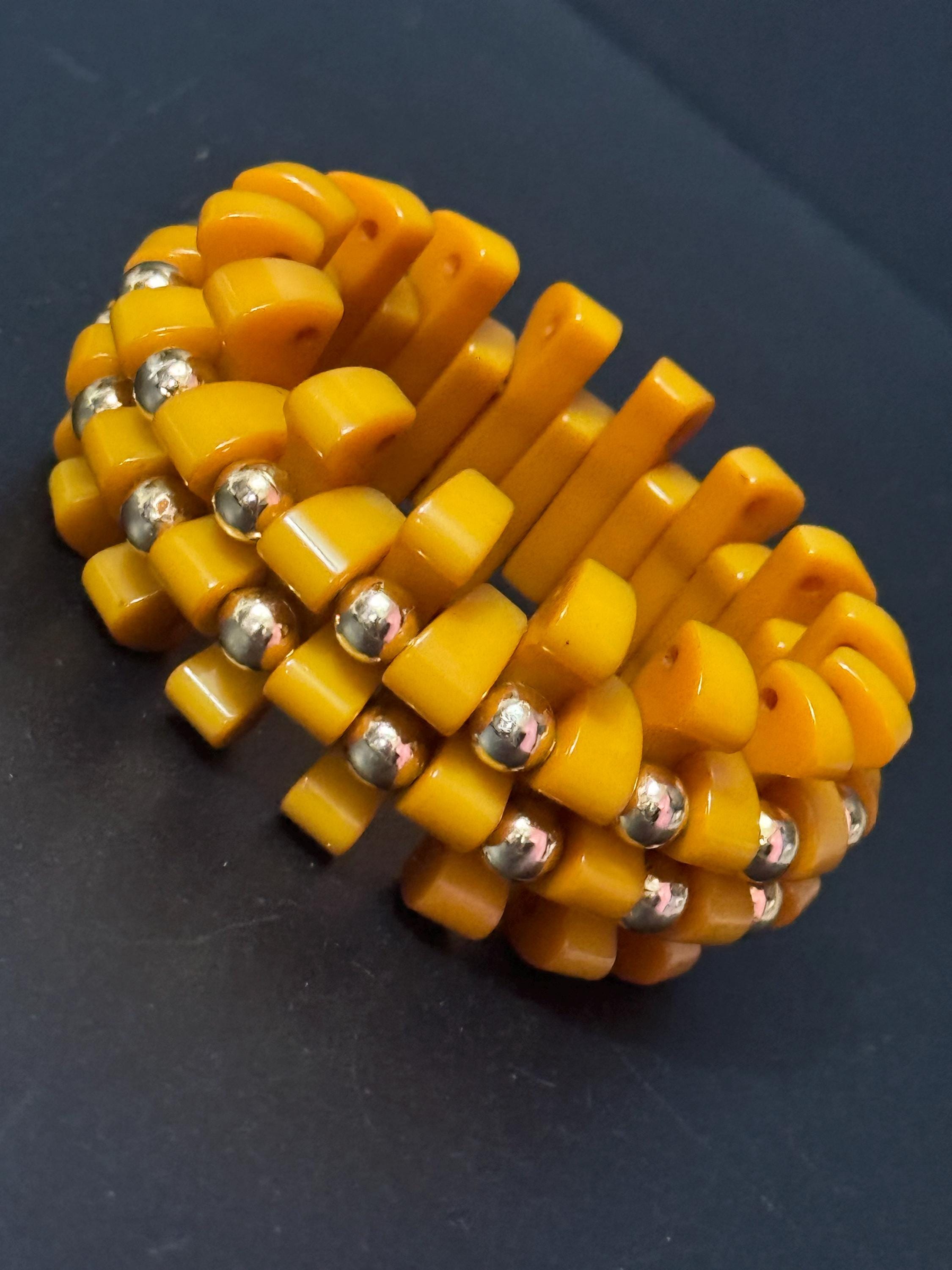 Art Deco Early Plastic Yellow bakelite wide stretch cuff bangle bracelet with gold beads Vintage