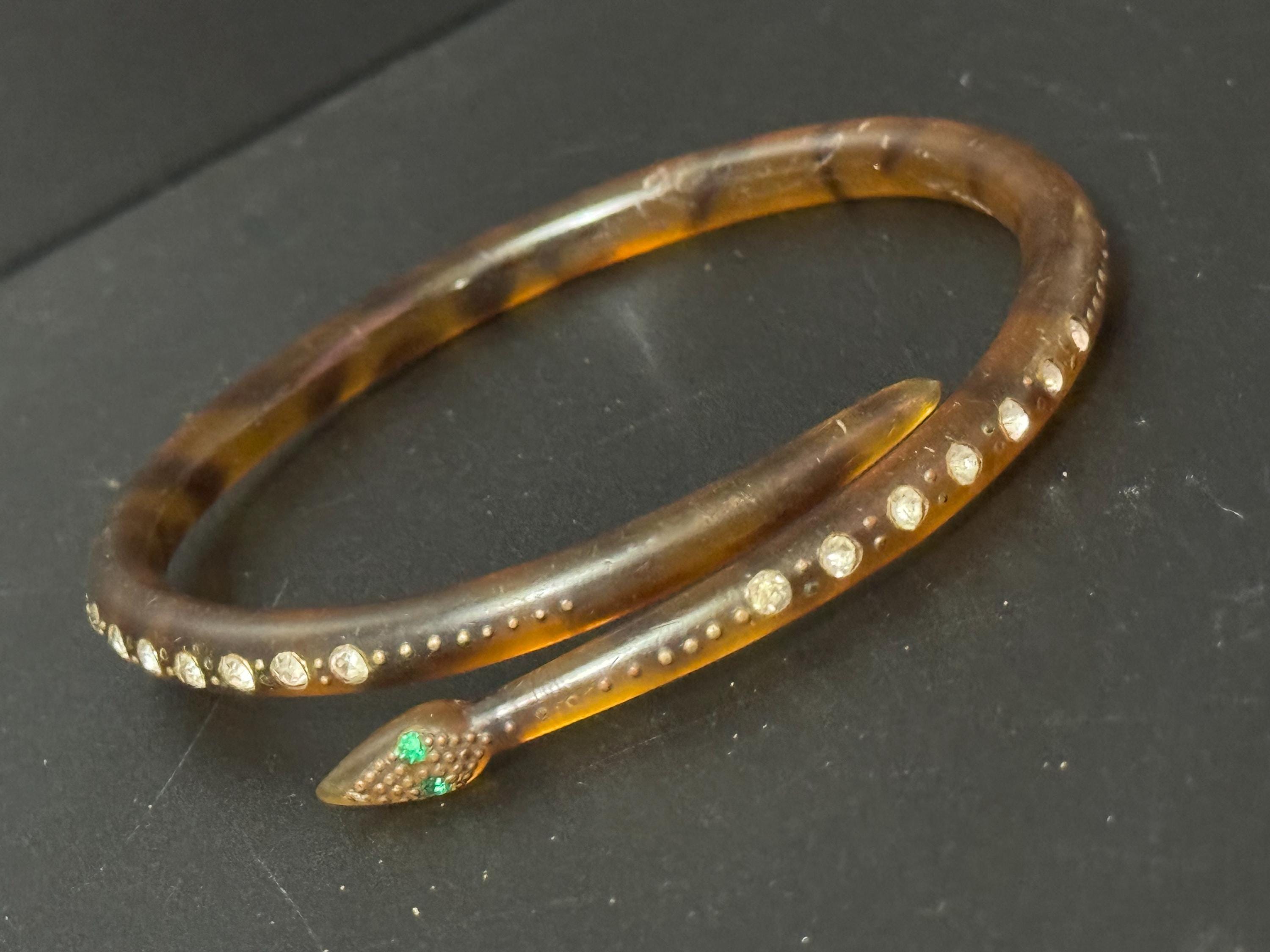Upper arm Large faux tortoiseshell Celluloid SNAKE wrap bangle Antique Art Deco pique work and clear paste
