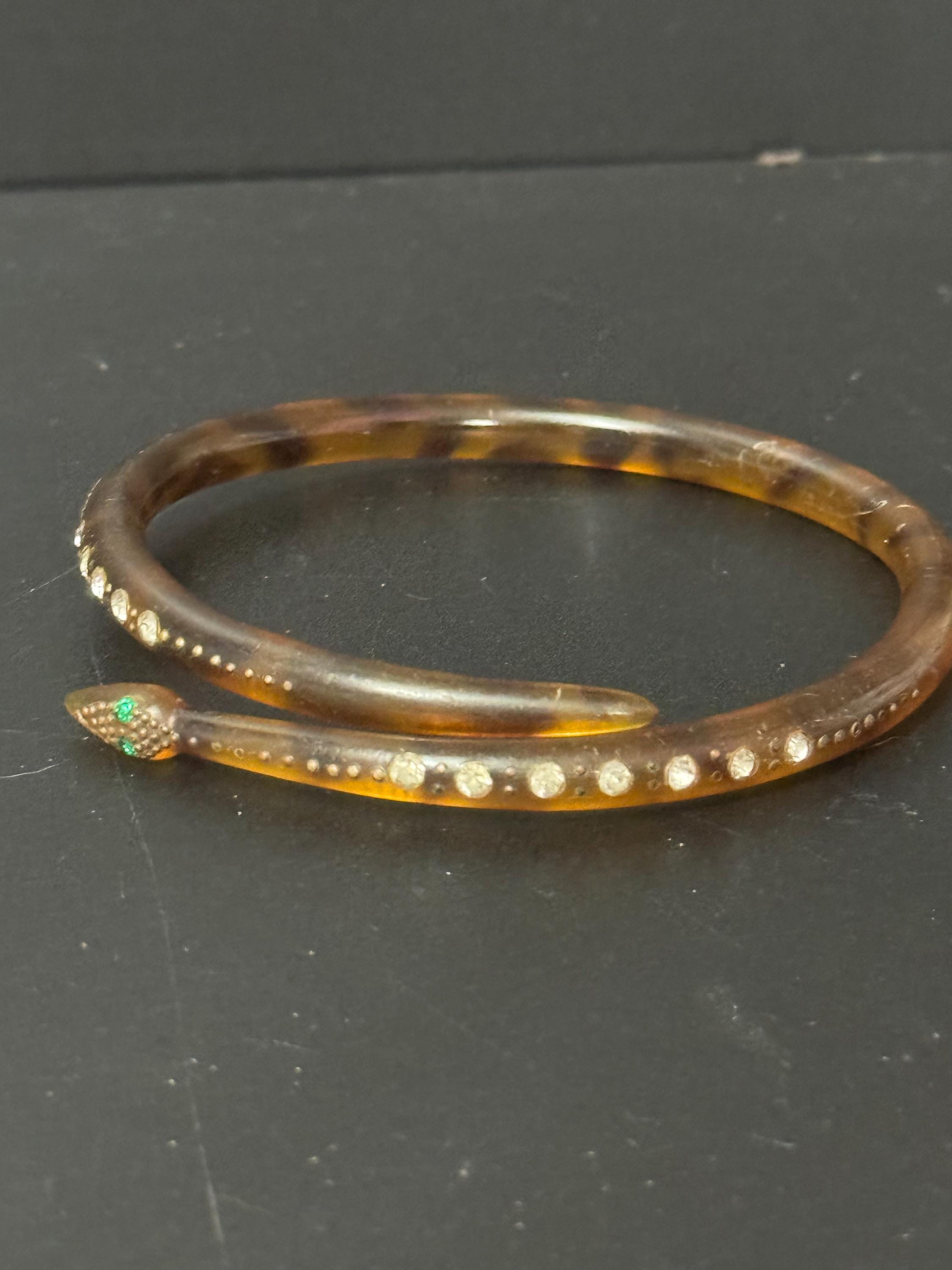 Upper arm Large faux tortoiseshell Celluloid SNAKE wrap bangle Antique Art Deco pique work and clear paste