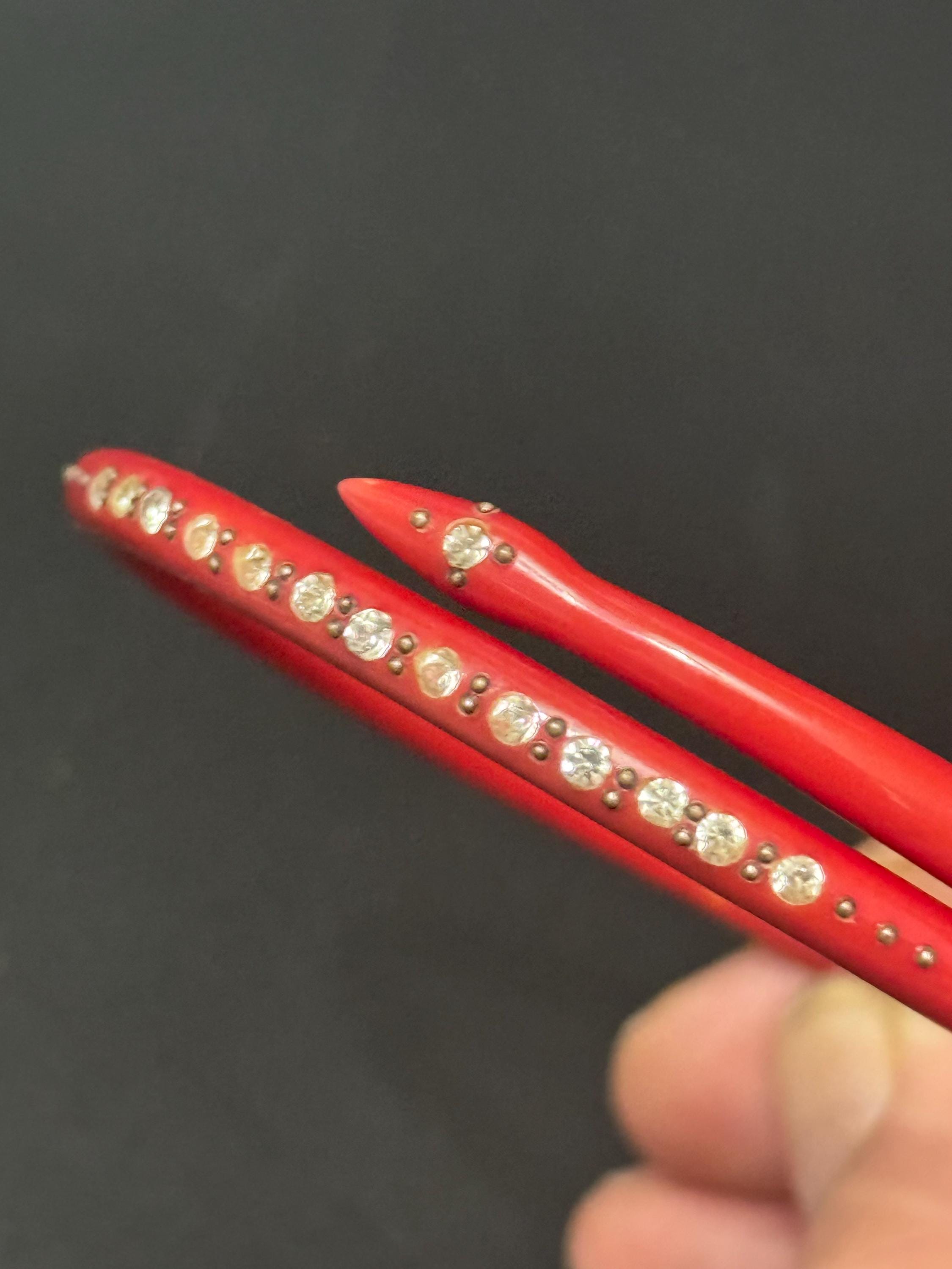 Antique Art Deco Galalith red Early Plastic Celluloid SNAKE wrap bangle bracelet with inset diamanté pique work