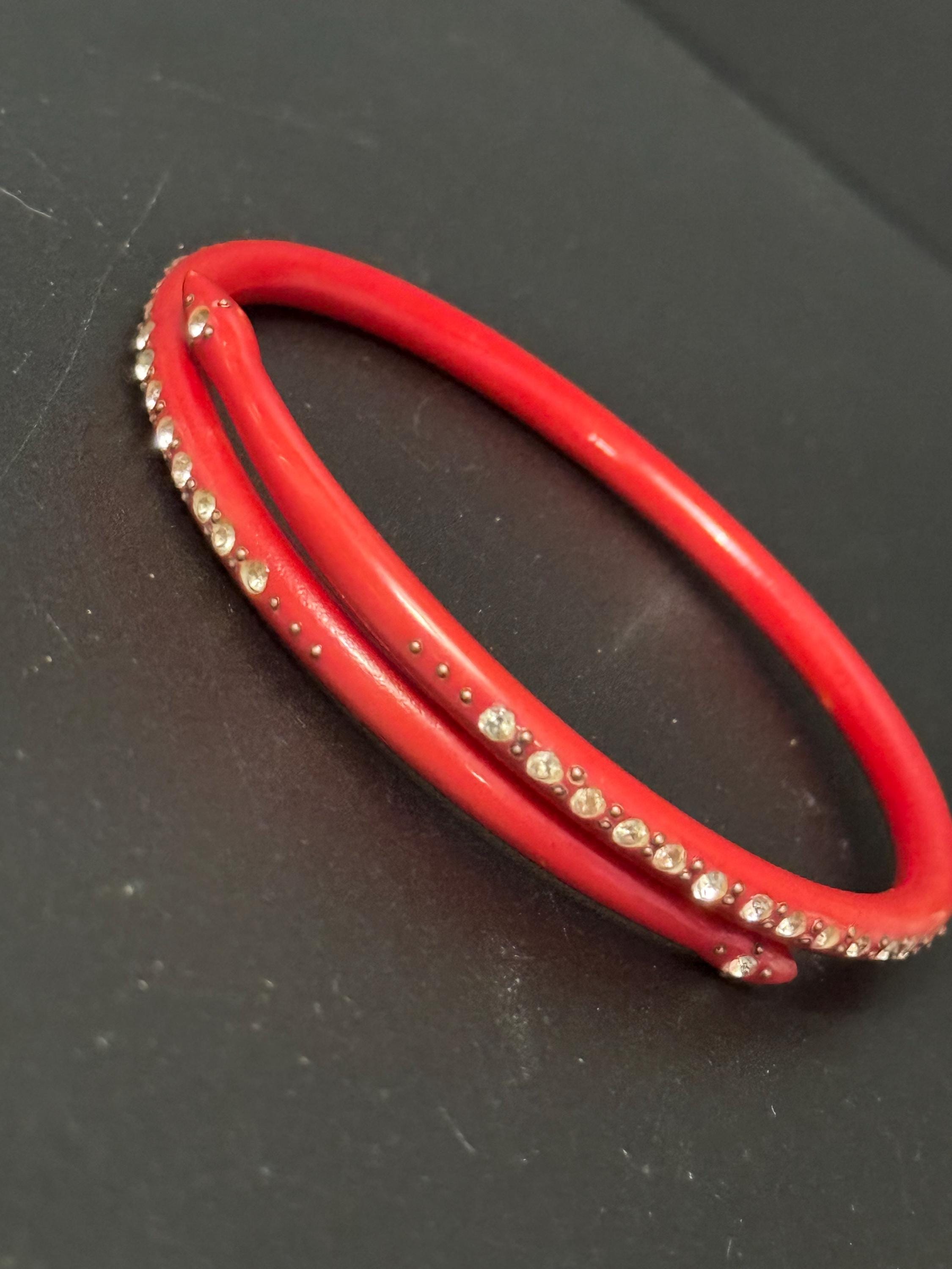 Antique Art Deco Galalith red Early Plastic Celluloid SNAKE wrap bangle bracelet with inset diamanté pique work