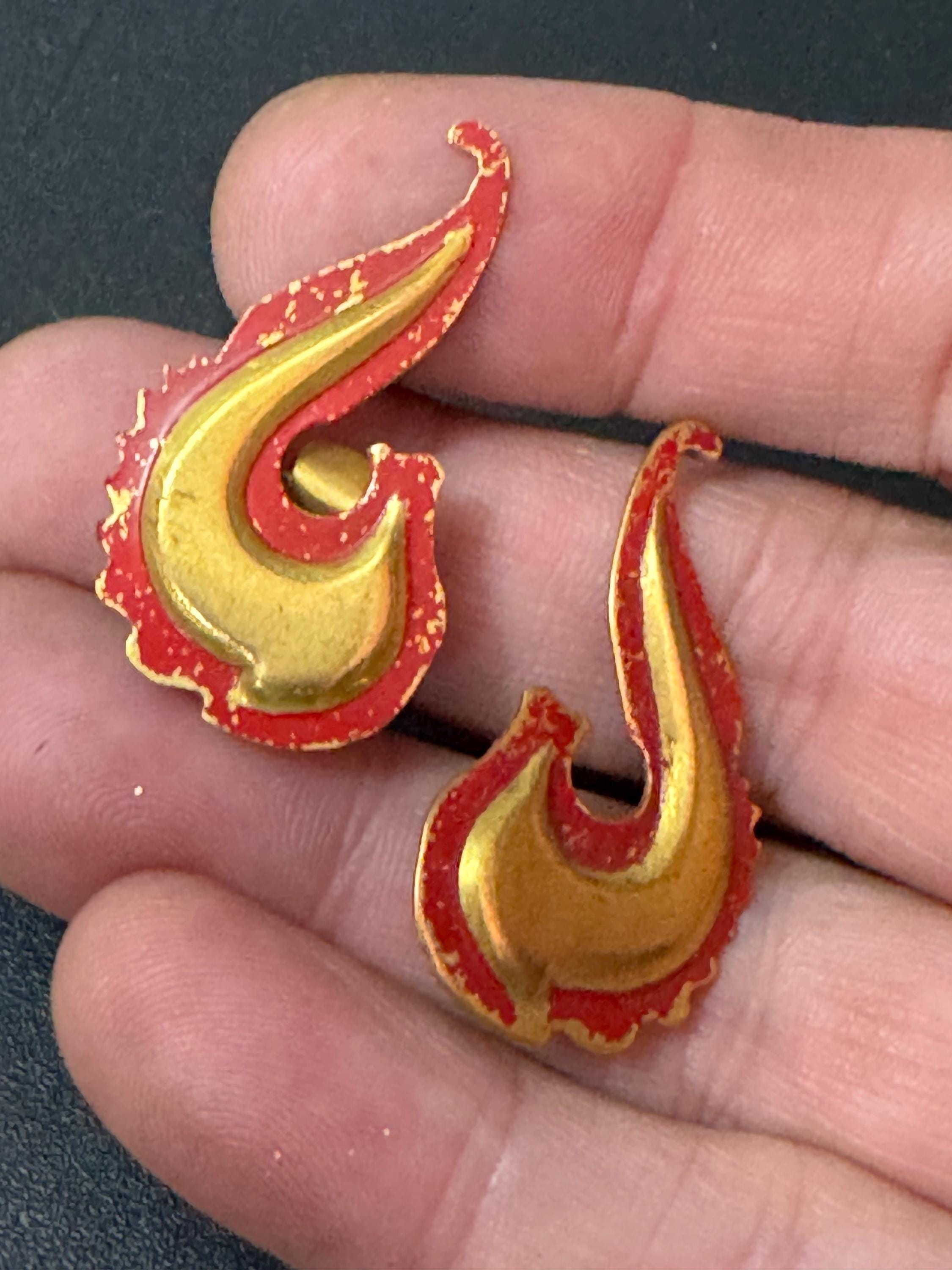 Antique Art Deco 1920s brass and red enamel clip on earrings paisley design