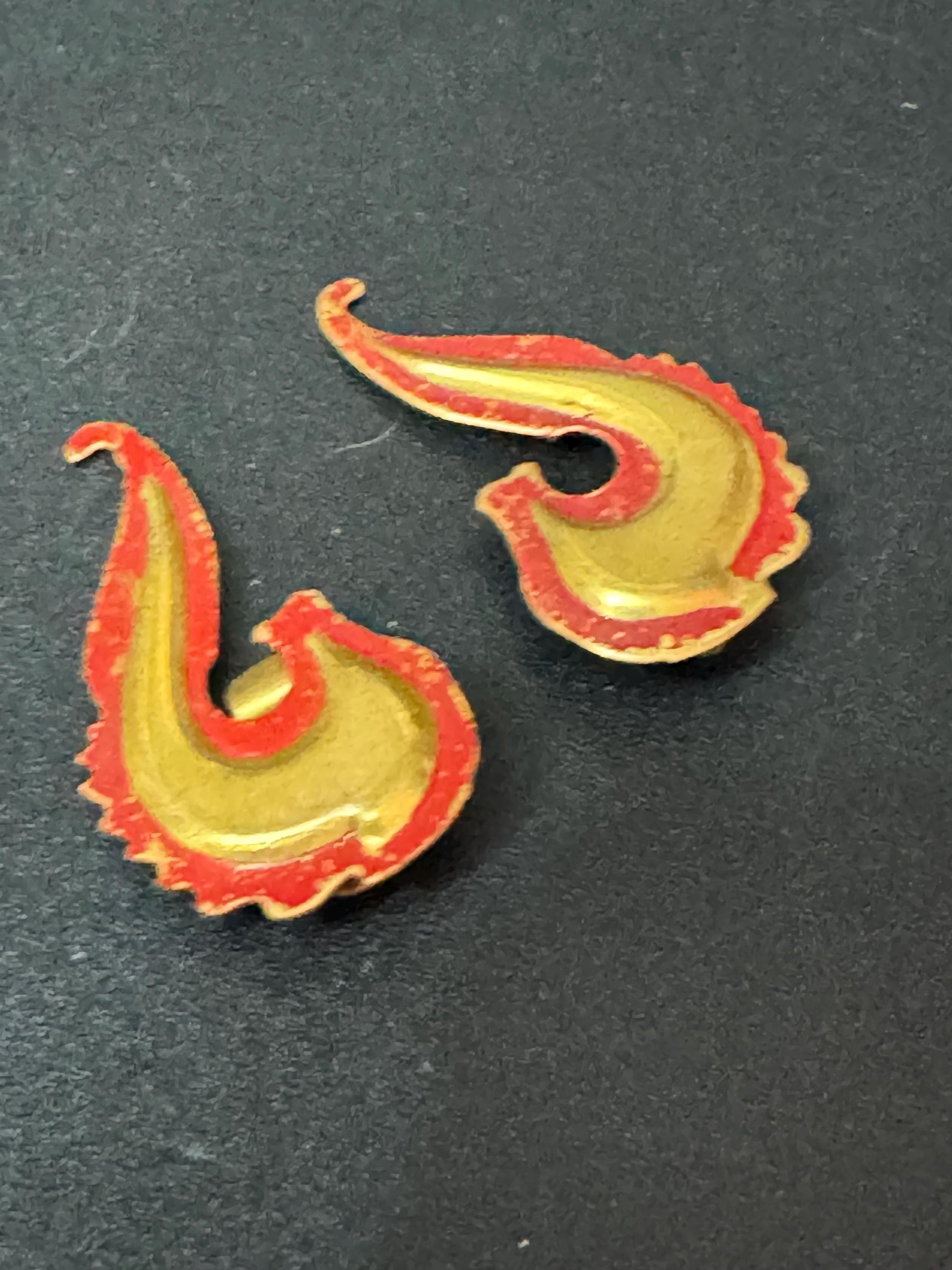 Antique Art Deco 1920s brass and red enamel clip on earrings paisley design