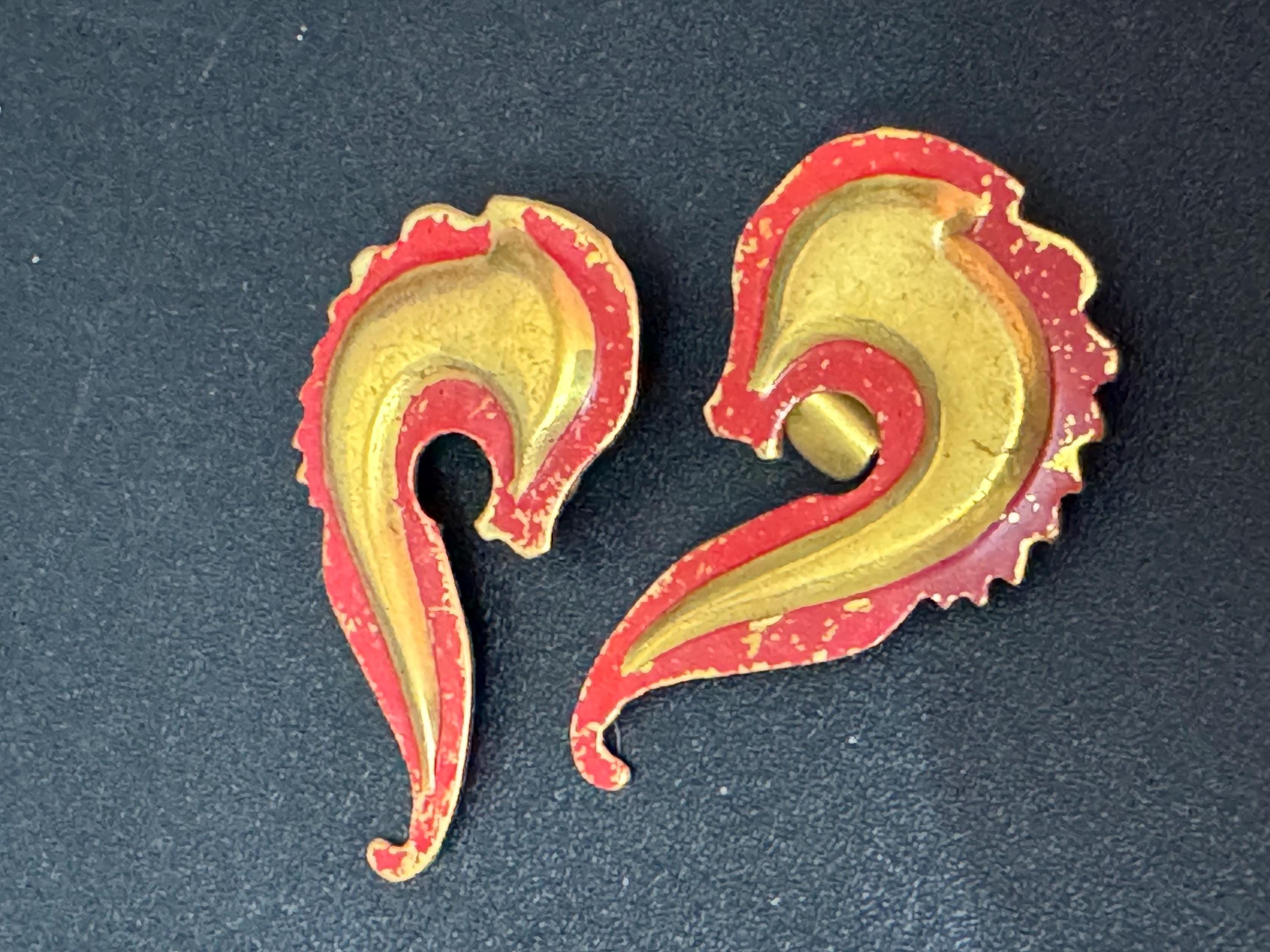 Antique Art Deco 1920s brass and red enamel clip on earrings paisley design