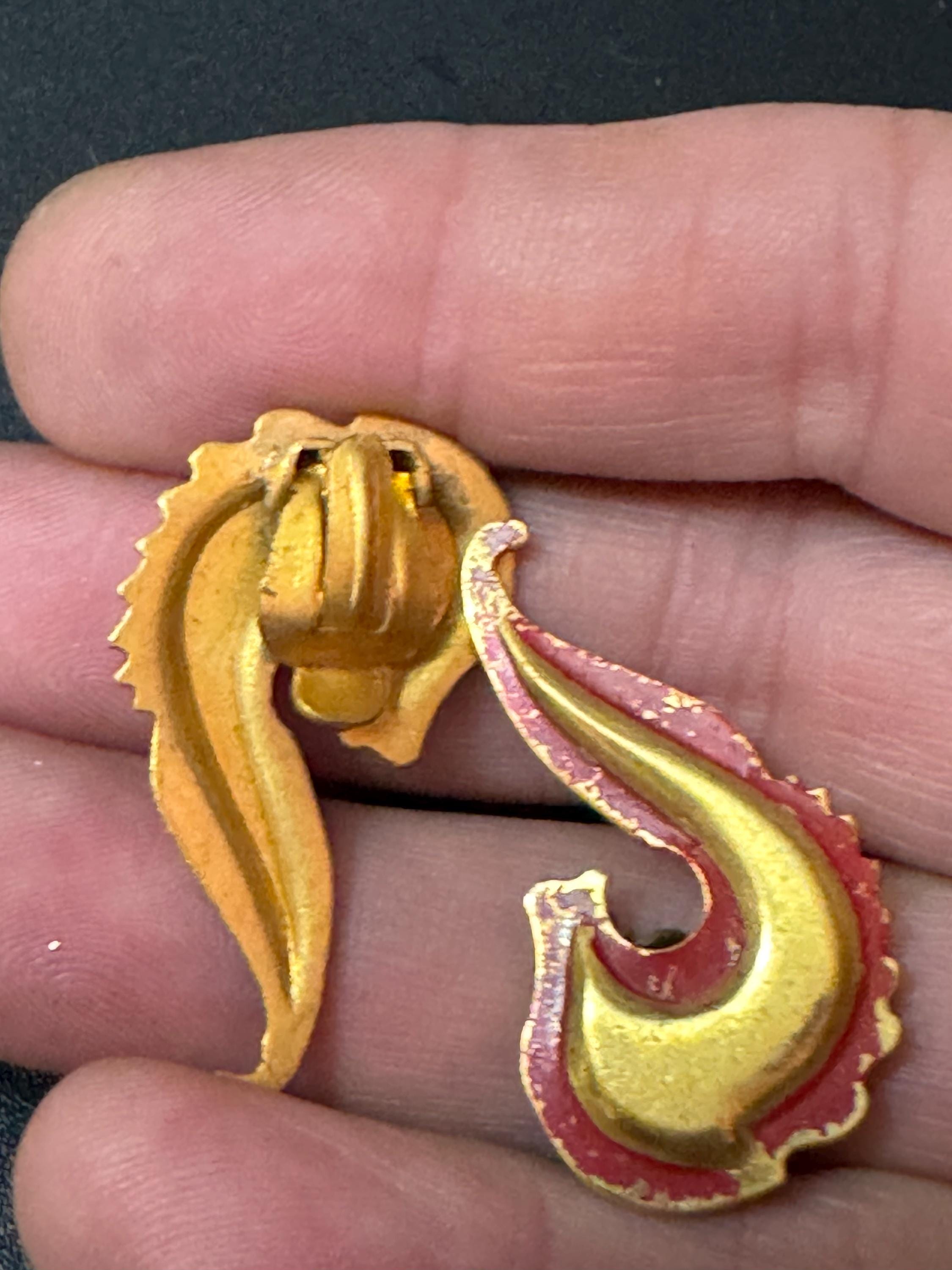 Antique Art Deco 1920s brass and red enamel clip on earrings paisley design