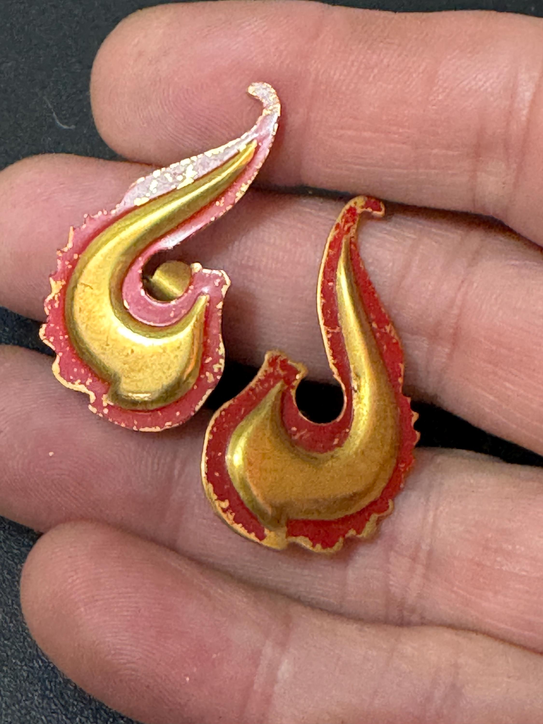 Antique Art Deco 1920s brass and red enamel clip on earrings paisley design
