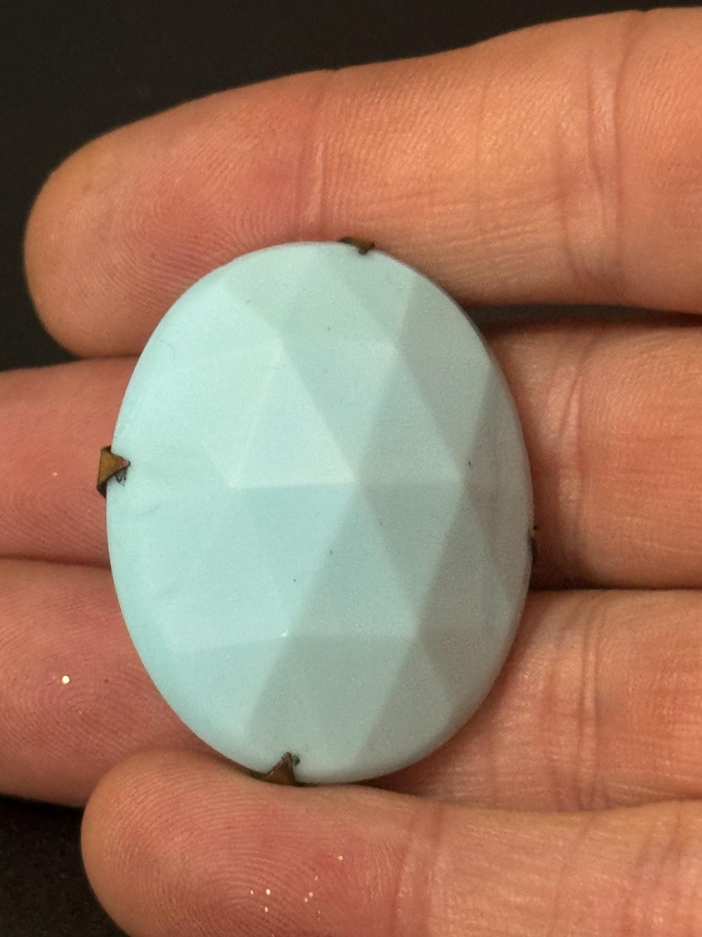 Antique turquoise blue milk glass faceted cabochon art deco oval brooch with c clasp