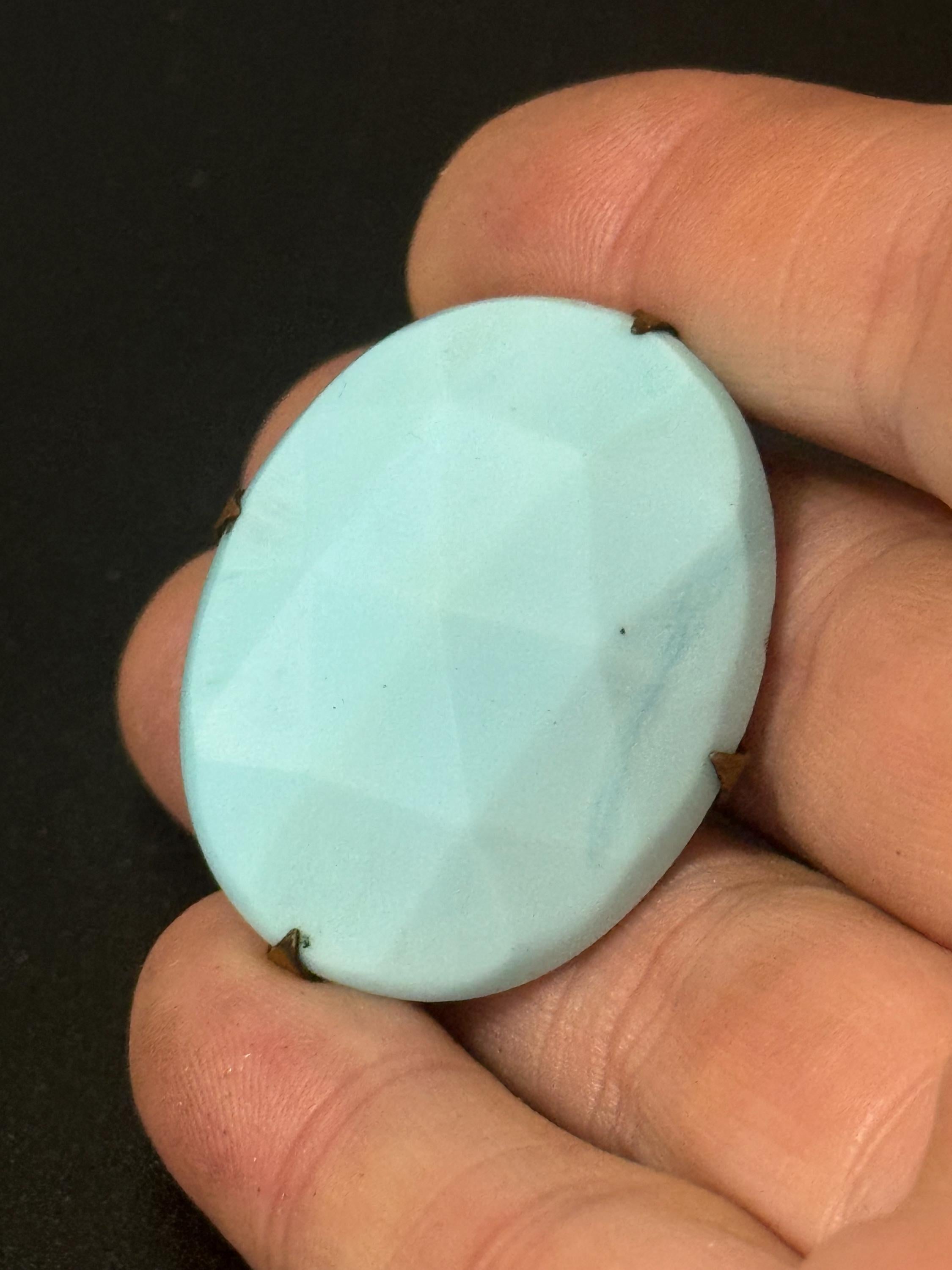 Antique turquoise blue milk glass faceted cabochon art deco oval brooch with c clasp