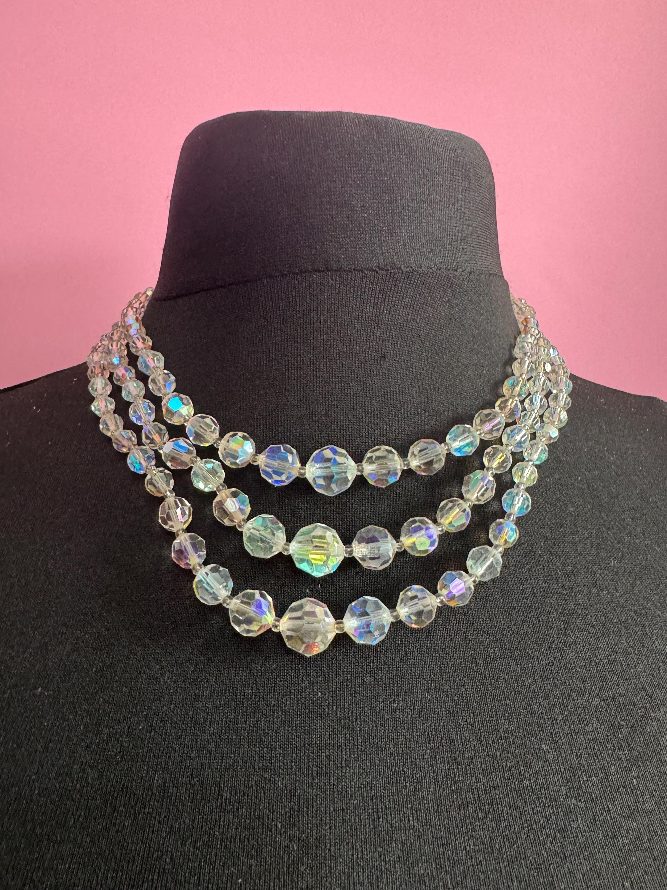 Art Deco clear AB rainbow Aurora borealis glass Crystal 3 row beaded necklace