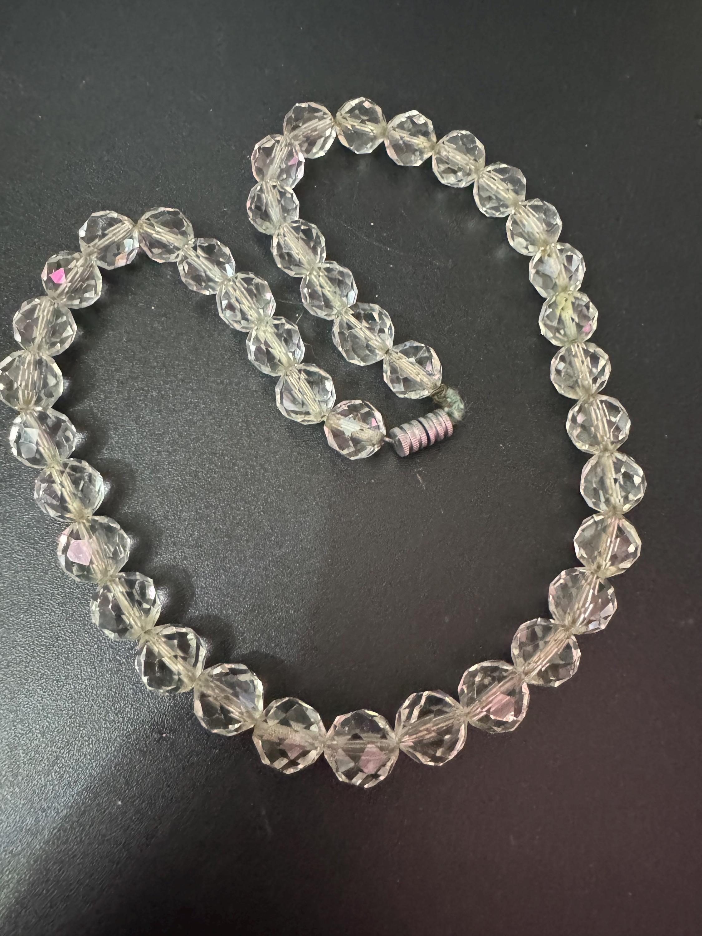 Vintage faceted clear crystal round beaded necklace 45cm art deco as found