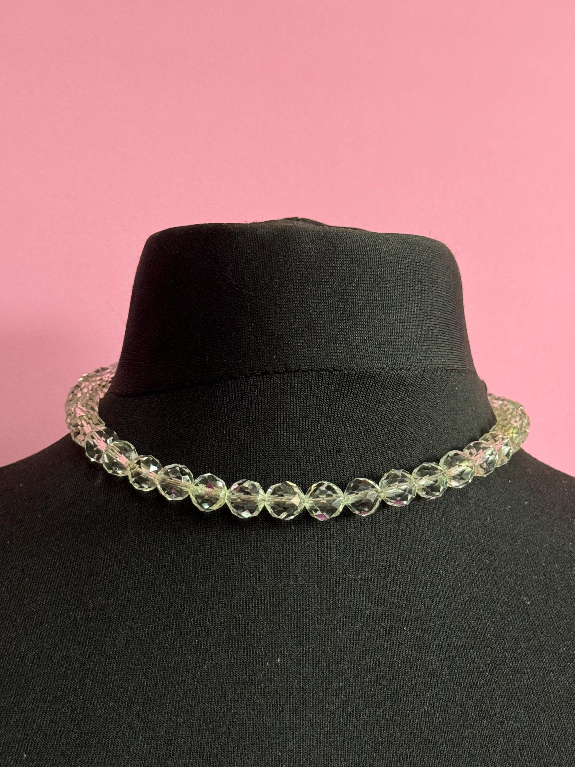 Vintage faceted clear crystal round beaded necklace 45cm art deco as found