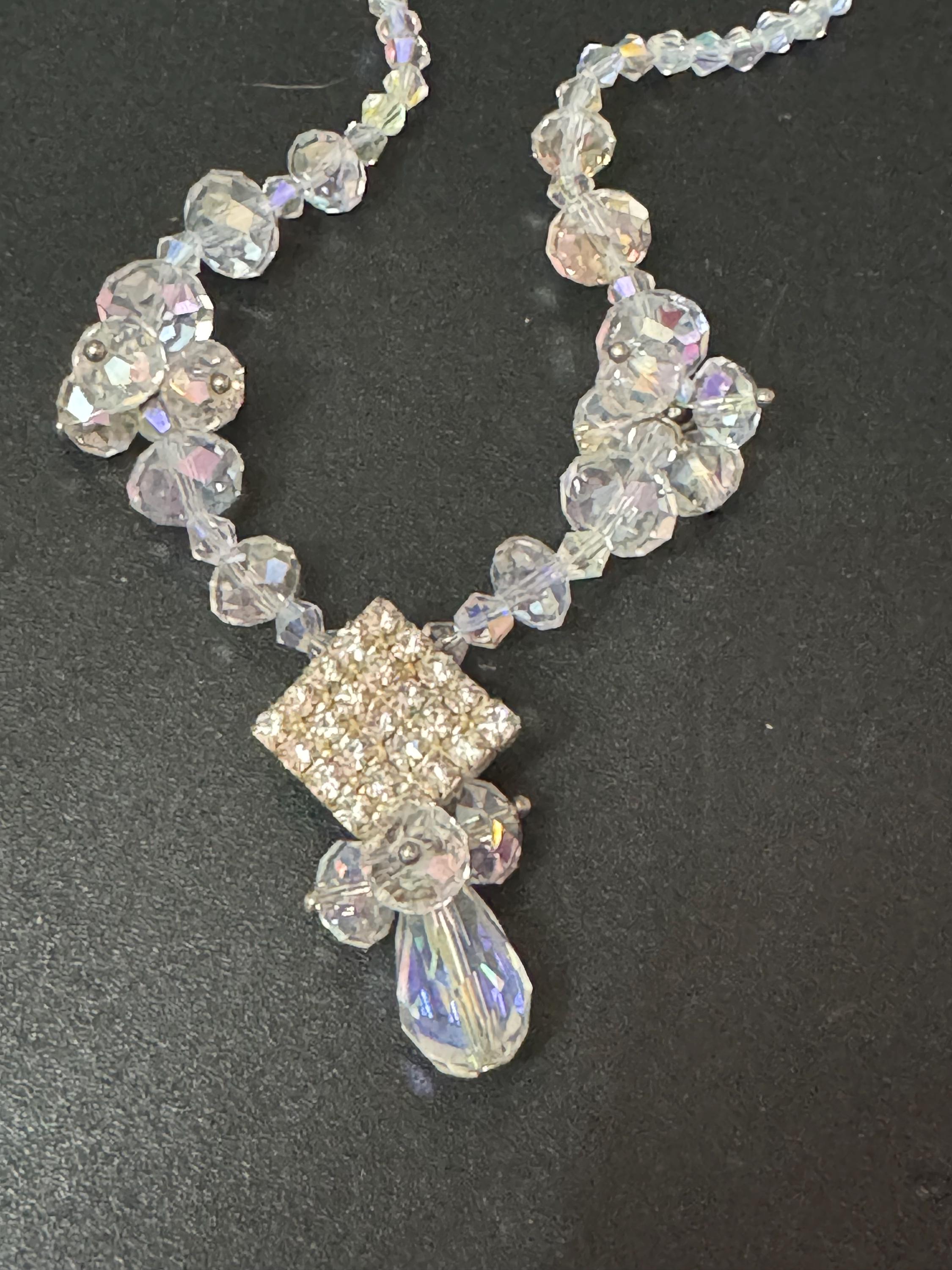 Retro faceted glass single strand bicone beaded clear diamanté crystal drop necklace