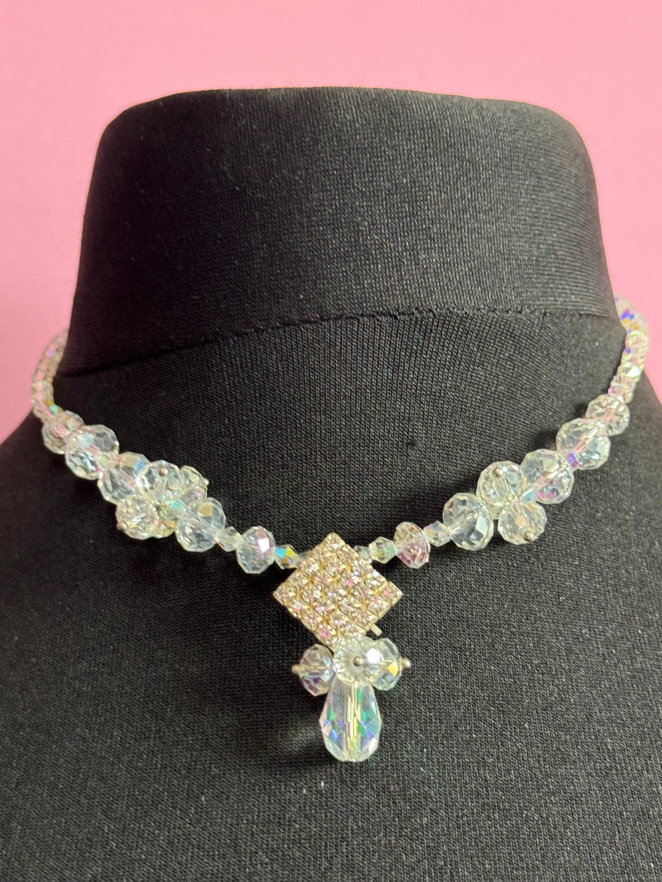 Retro faceted glass single strand bicone beaded clear diamanté crystal drop necklace