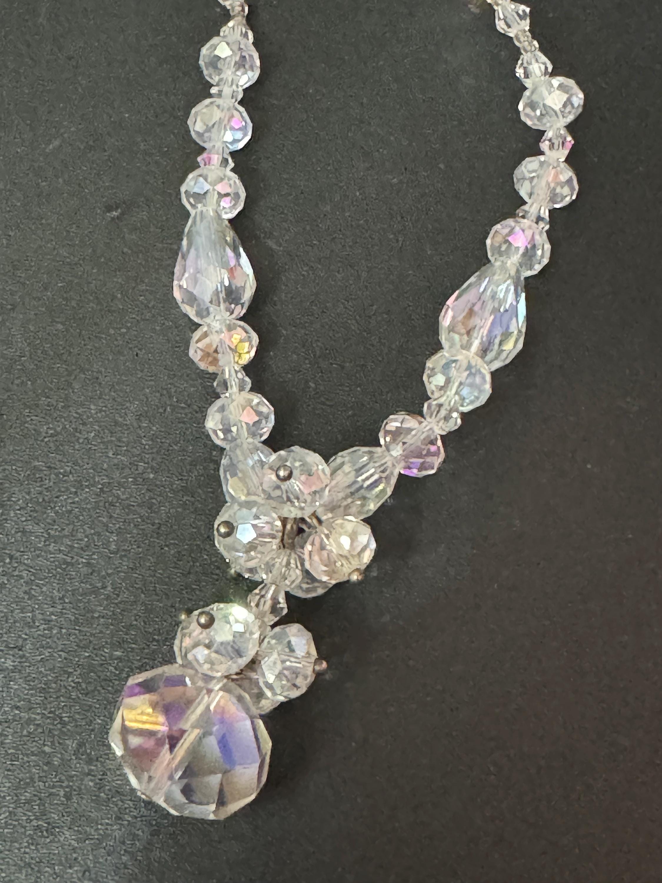 Retro faceted glass single strand bicone beaded clear diamanté crystal drop necklace