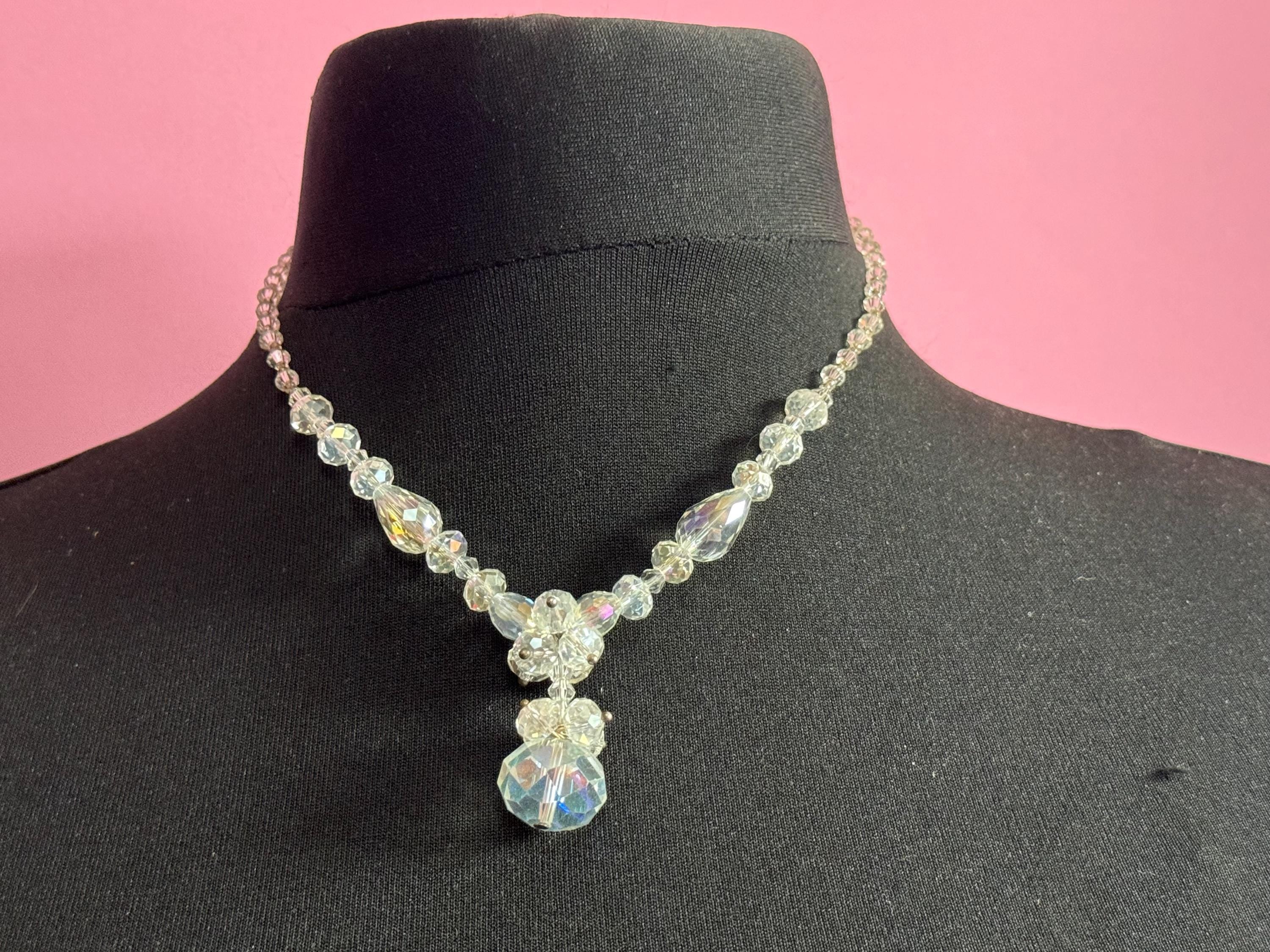 Retro faceted glass single strand bicone beaded clear diamanté crystal drop necklace