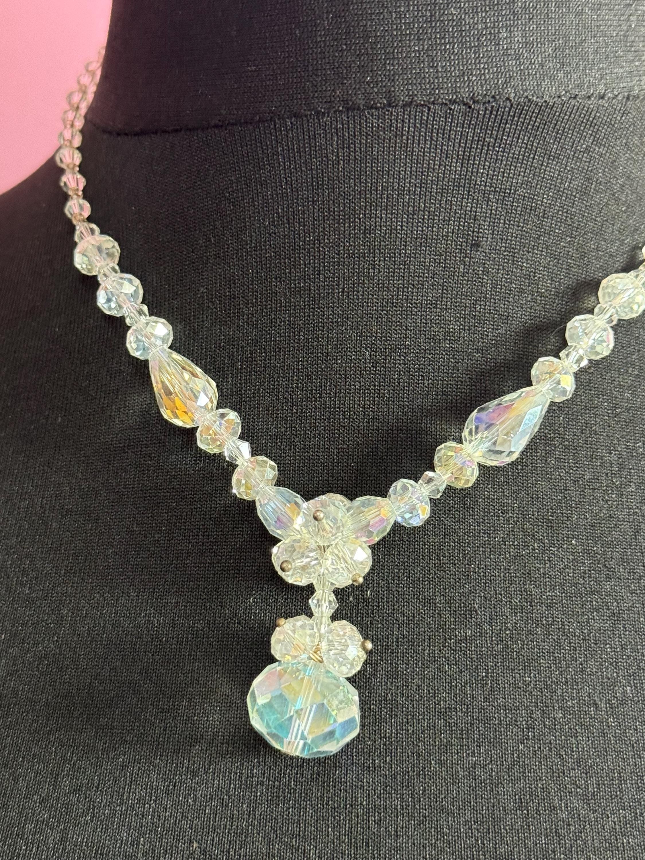 Retro faceted glass single strand bicone beaded clear diamanté crystal drop necklace