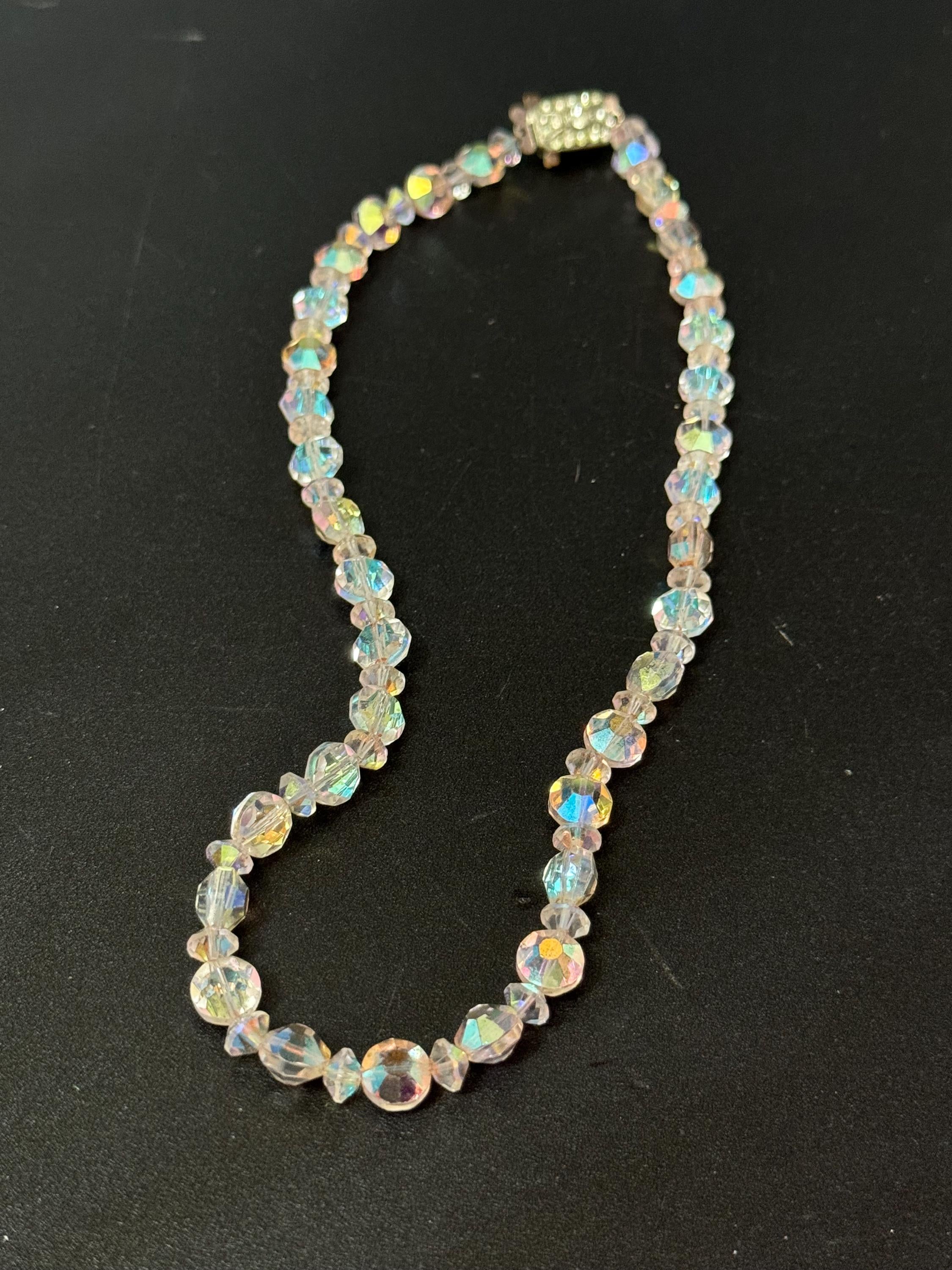 Art Deco clear AB Aurora borealis glass Crystal beaded necklace choker 44cm